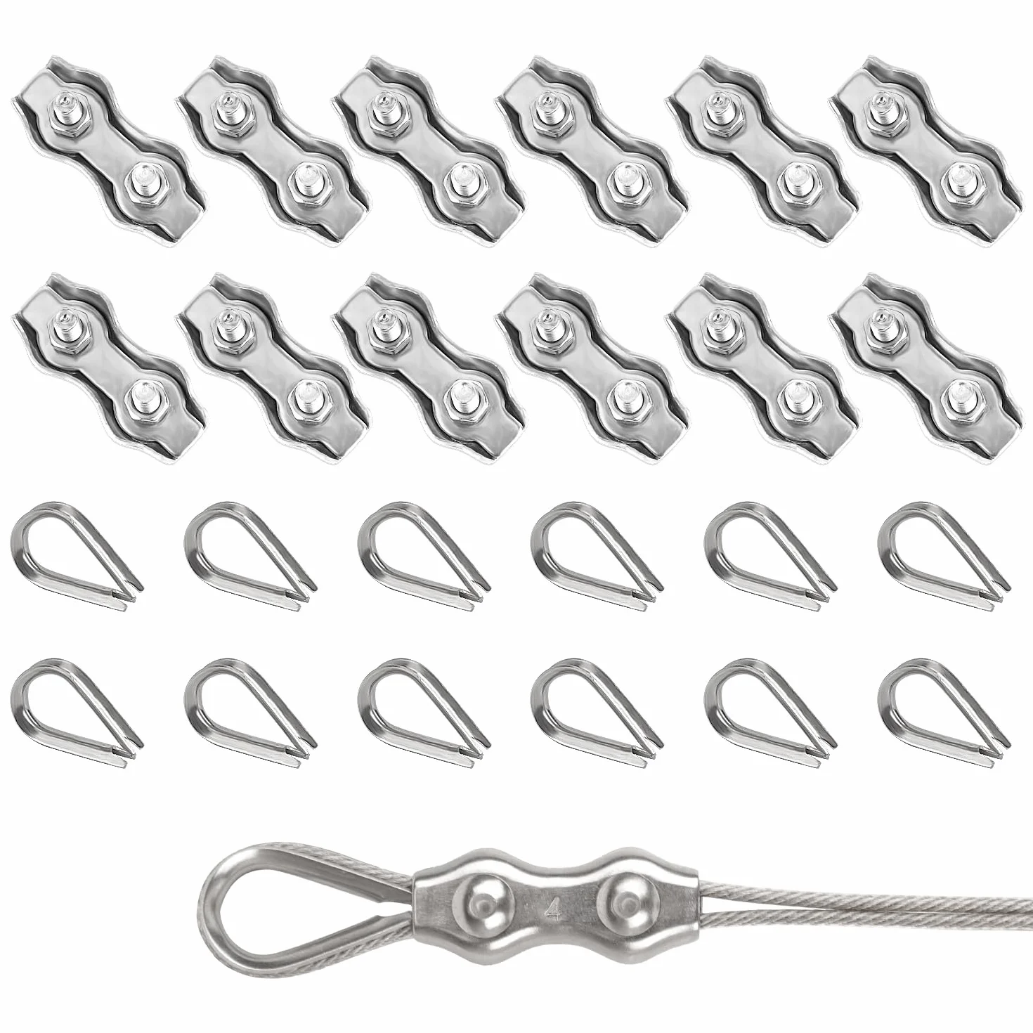 Rybtd zaciski do linek drucianych, 24 sztuki, zacisk duplex 4 mm i kausze 4 mm, stal nierdzewna 304, zacisk linowy M4, zacisk linowy do liny stalowej 3 mm, olinowanie