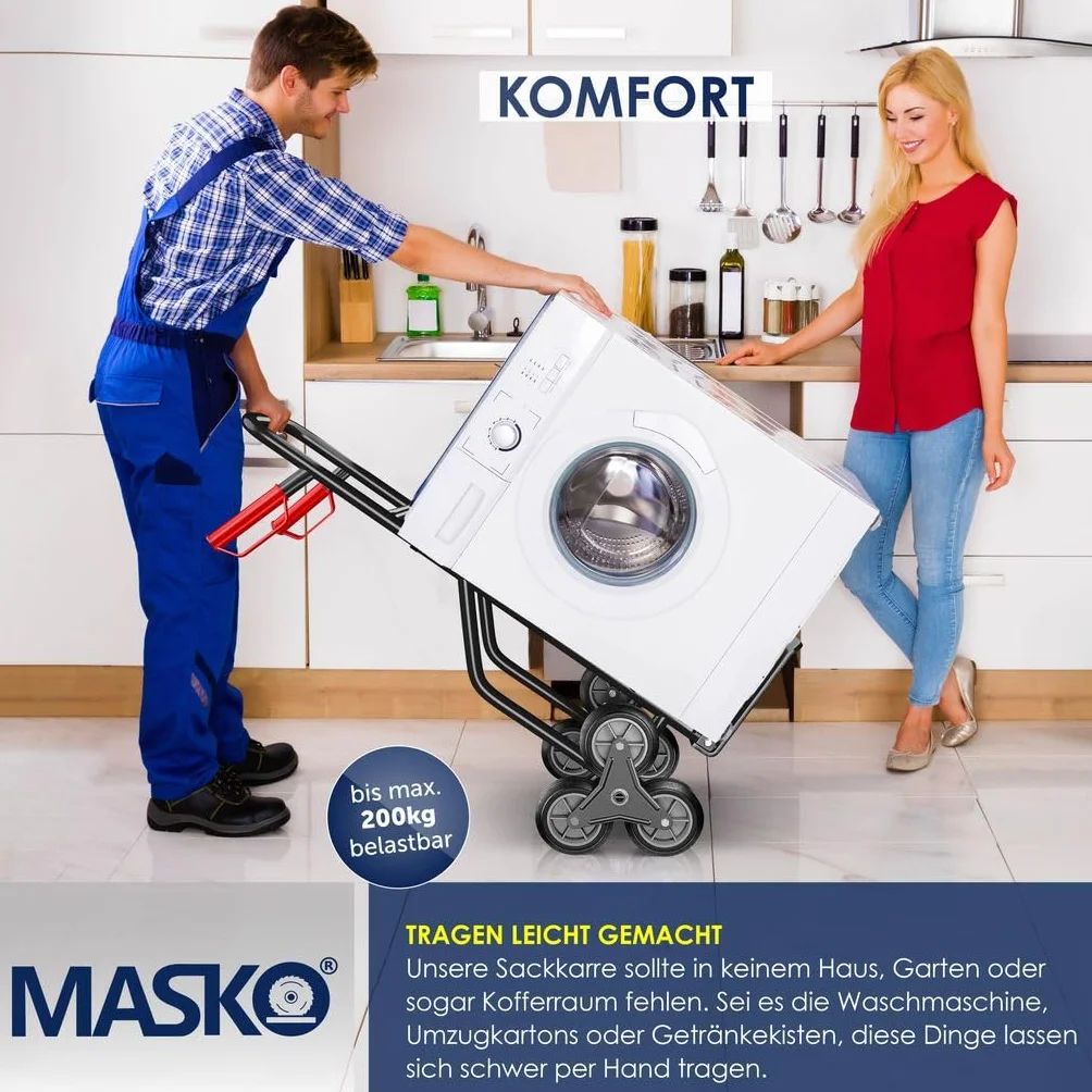 MASKO® Wózek transportowy 200 kg, wózek transportowy do wspinania się po schodach, składany wózek do transportu po schodach, opony z twardej gumy, uchwyty z tworzywa sztucznego, stalowa rama