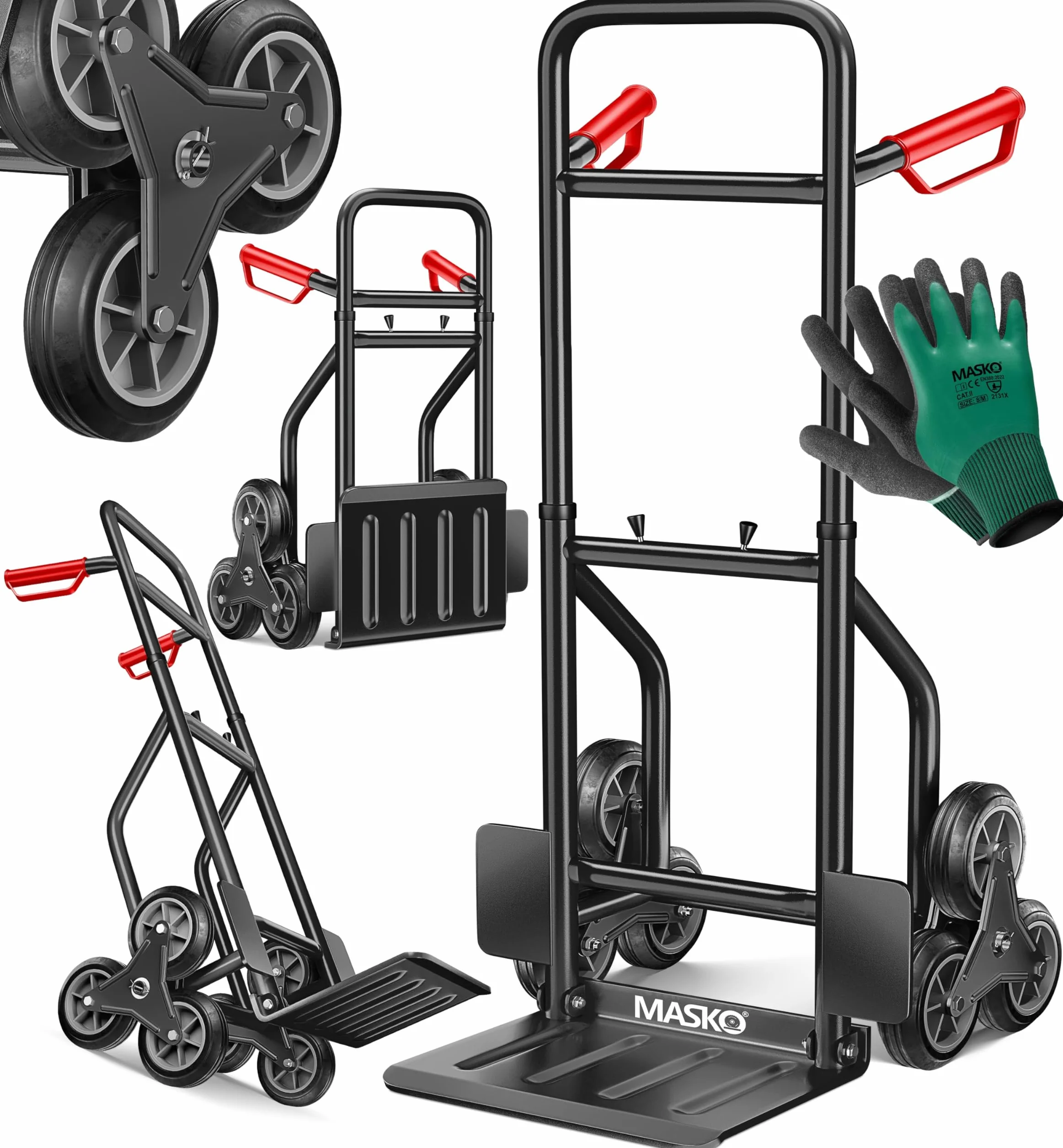 MASKO® Wózek transportowy 200 kg, wózek transportowy do wspinania się po schodach, składany wózek do transportu po schodach, opony z twardej gumy, uchwyty z tworzywa sztucznego, stalowa rama