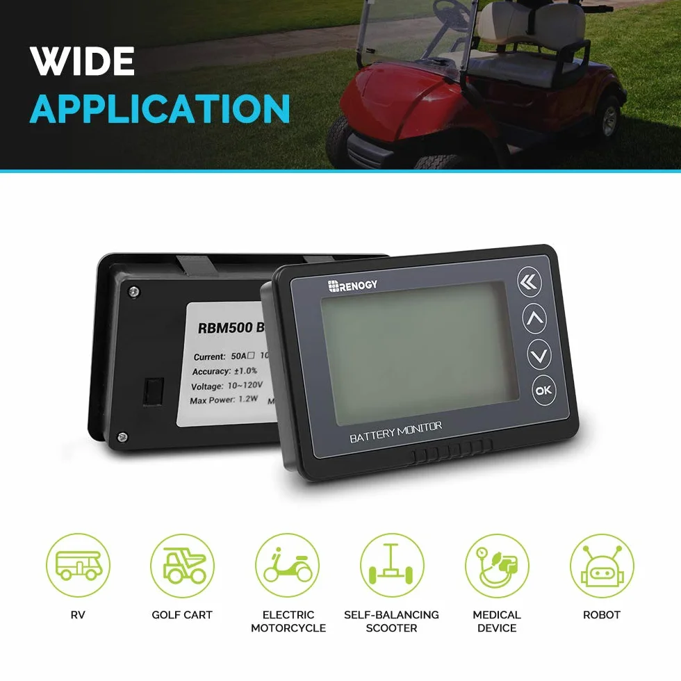 Renogy Czujnik baterii 500 A 12 V 24 V 36 V 48 V monitor baterii programowalny alarm napięcia LiFPO4 AGM żelowe