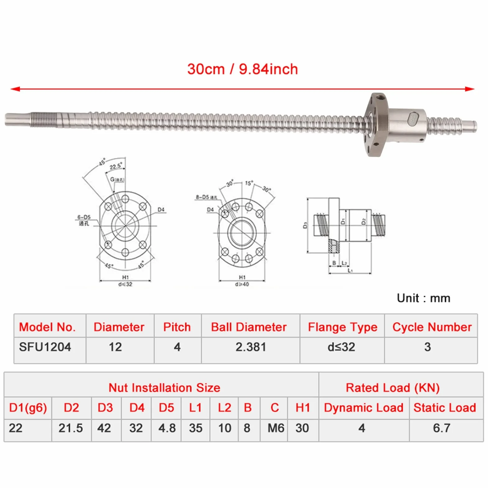Śruba kulowa SFU1204 300mm przeciwluzowa z nakrętką do CNC