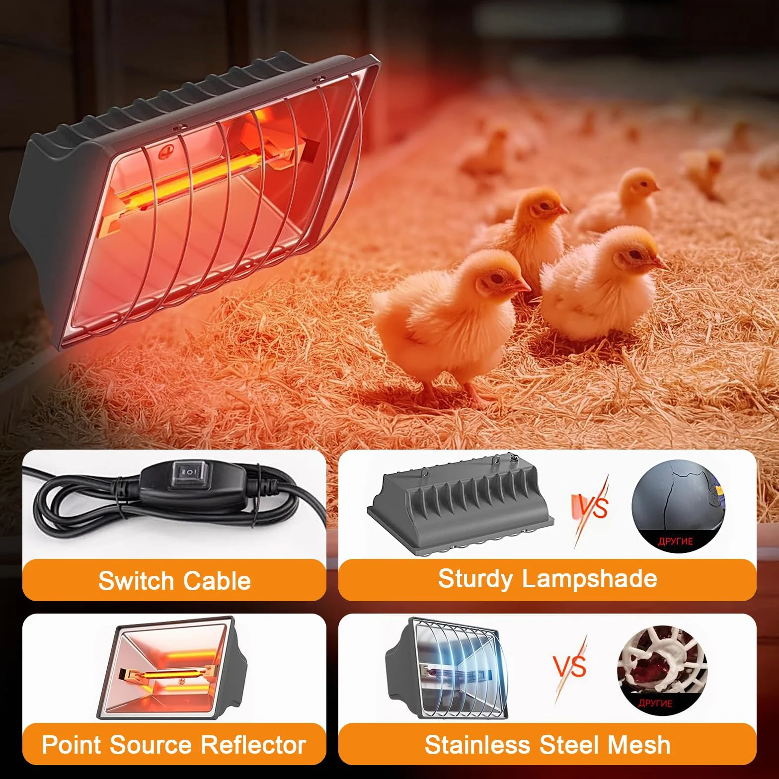 Lampa grzewcza na podczerwień 250 W wodoszczelna z termostatem i regulowanym łańcuchem