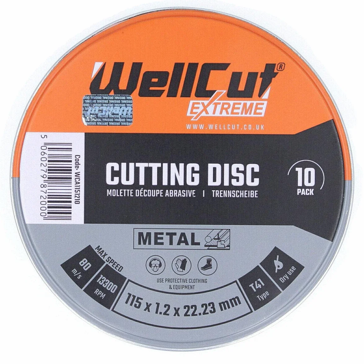 WELLCUT WCA1152-10 tarcza tnąca Extreme 115 mm 4,5 cala opakowanie 10 sztuk w metalowym pudełku do DGA452, DGA454, GA4530R (1), 115 x 1,2 x 22,23 mm