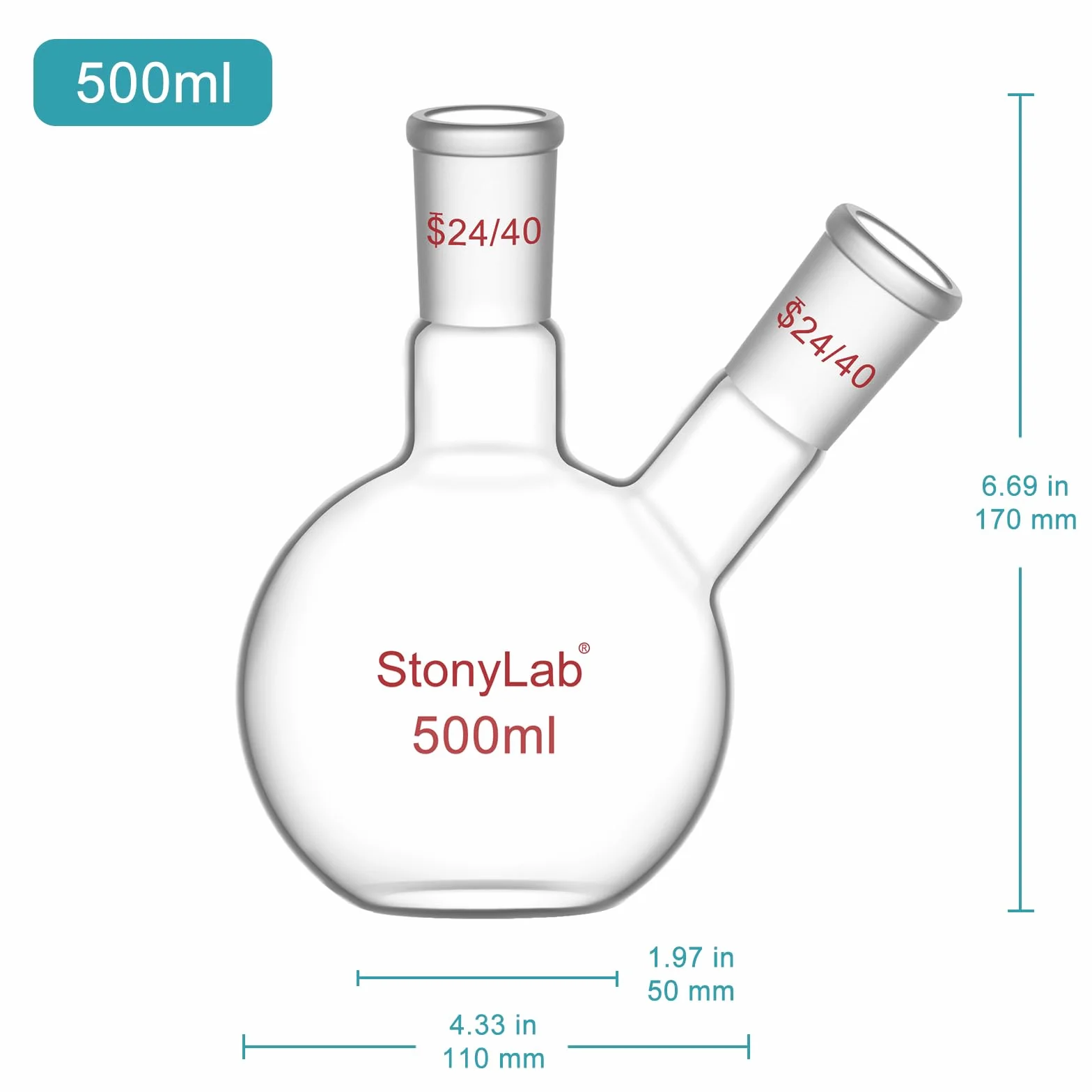 stonylab Kolba z płaskim dnem FBF, ciężka ściana 2 szyjki kolba laboratoryjna ze szkła borokrzemowego płaskie dno gotująca kolba ze standardowym złączem 24/40, 500 ml