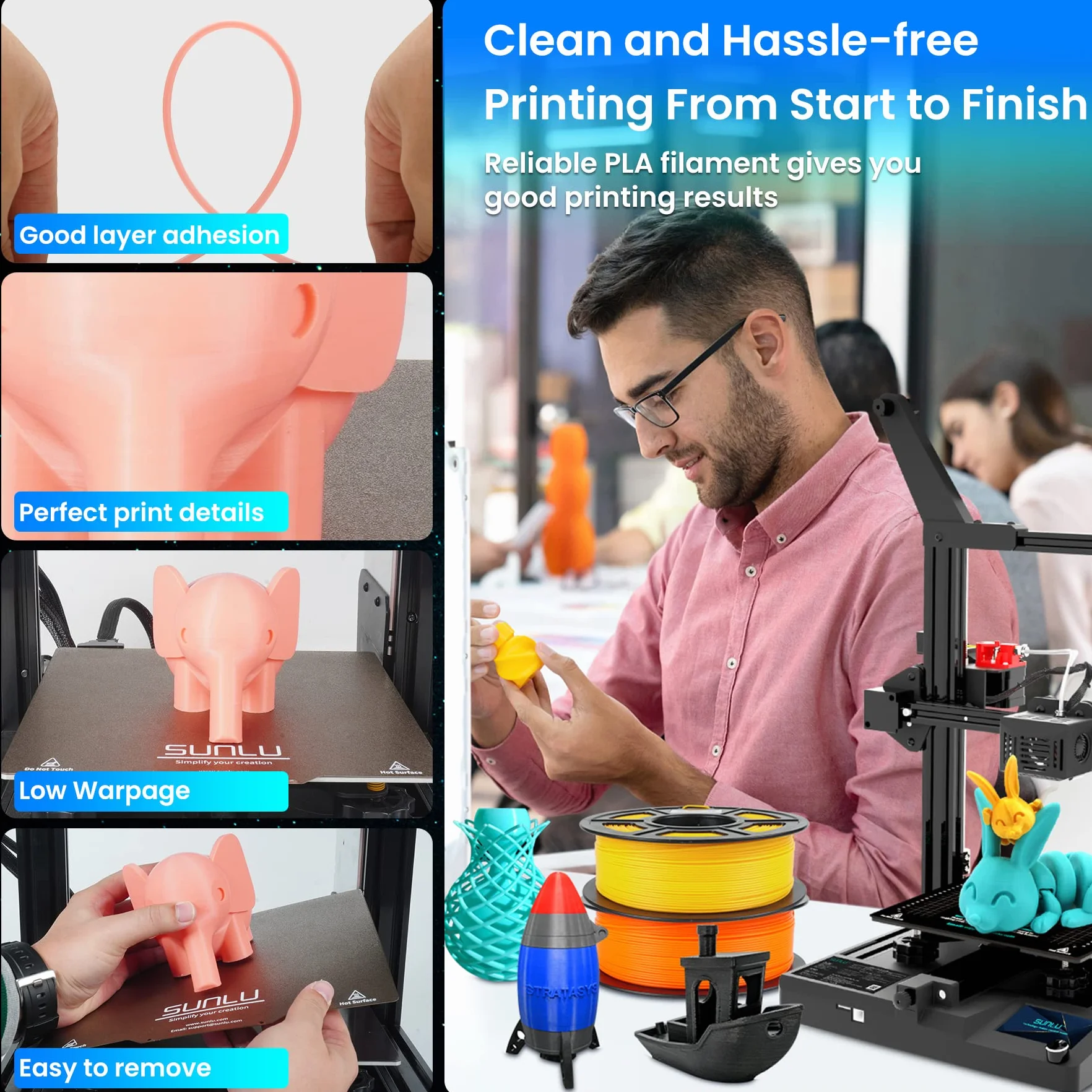 SUNLU Zestaw filamentów do drukarki 3D PLA, 1,75 mm, łącznie 2 kg, szpula 0,25 kg, 8 szpul po 250 g, czarny, przezroczysty, żółty, niebieski, zielony, fioletowy, czerwony, pomarańczowy