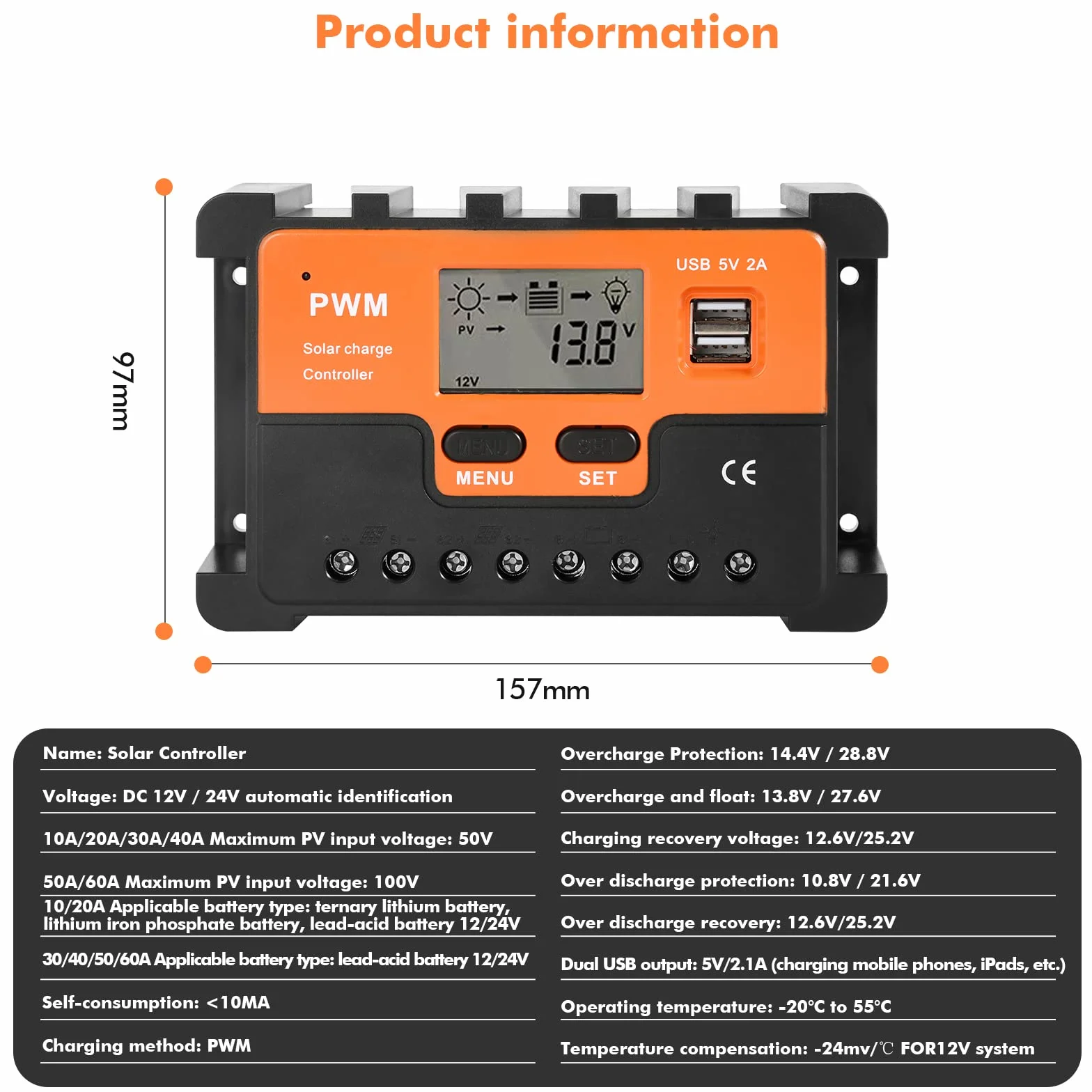DEWIN PWM solarny regulator ładowania, 12 V 24 V moduł solarny regulator baterii, wyjście Dual USB 5 V, 10-60 A (30 A)