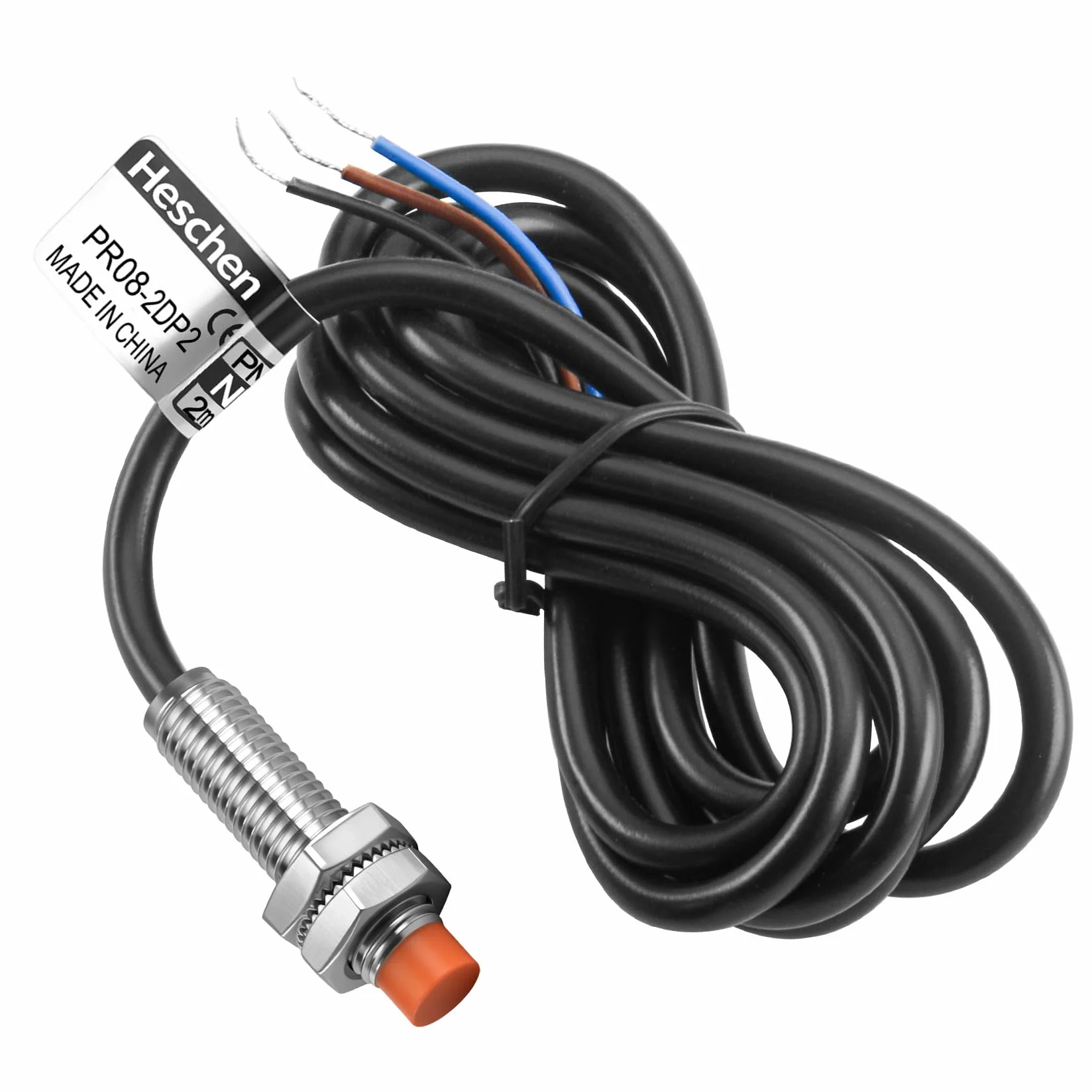 Heschen M8 Indukcyjny przełącznik czujnika zbliżeniowego PR08-2DP2 detektor typu cylindrycznego 2 mm DC12-24V 3-przewodowy PNP NC (normalnie zamknięty) CE