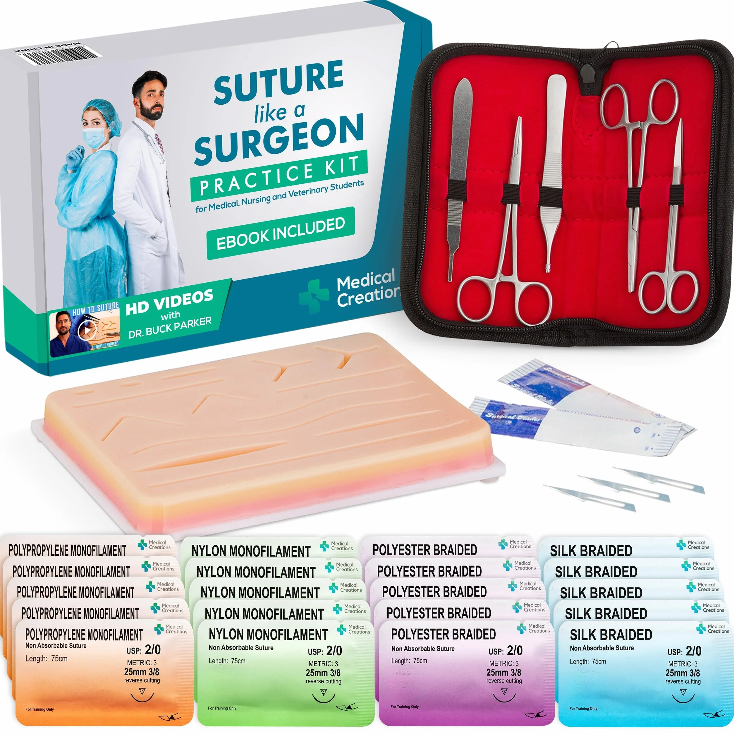 Medical Creations Suture Zestaw do nauki szycia chirurgicznego z podręcznikiem szkolenia w e-booku – silikonowa poduszka do szycia wielokrotnego użytku z opracowanym przez lekarzy zestawem narzędzi
