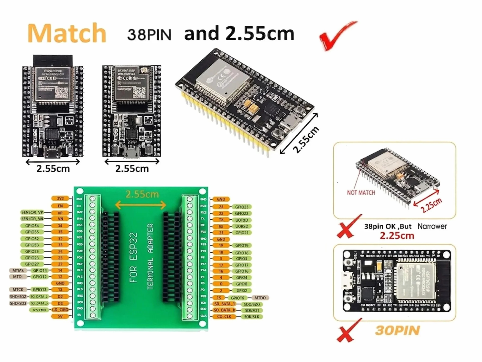 ESP32S Breakout Board GPIO 1 w 2 do 38-pinowej wersji Wide ESP32 ESP-WROOM-32 płytka rozwojowa 2,4 GHz Dual Core Wi-Fi + Bluetooth 2 w 1 (2 szt