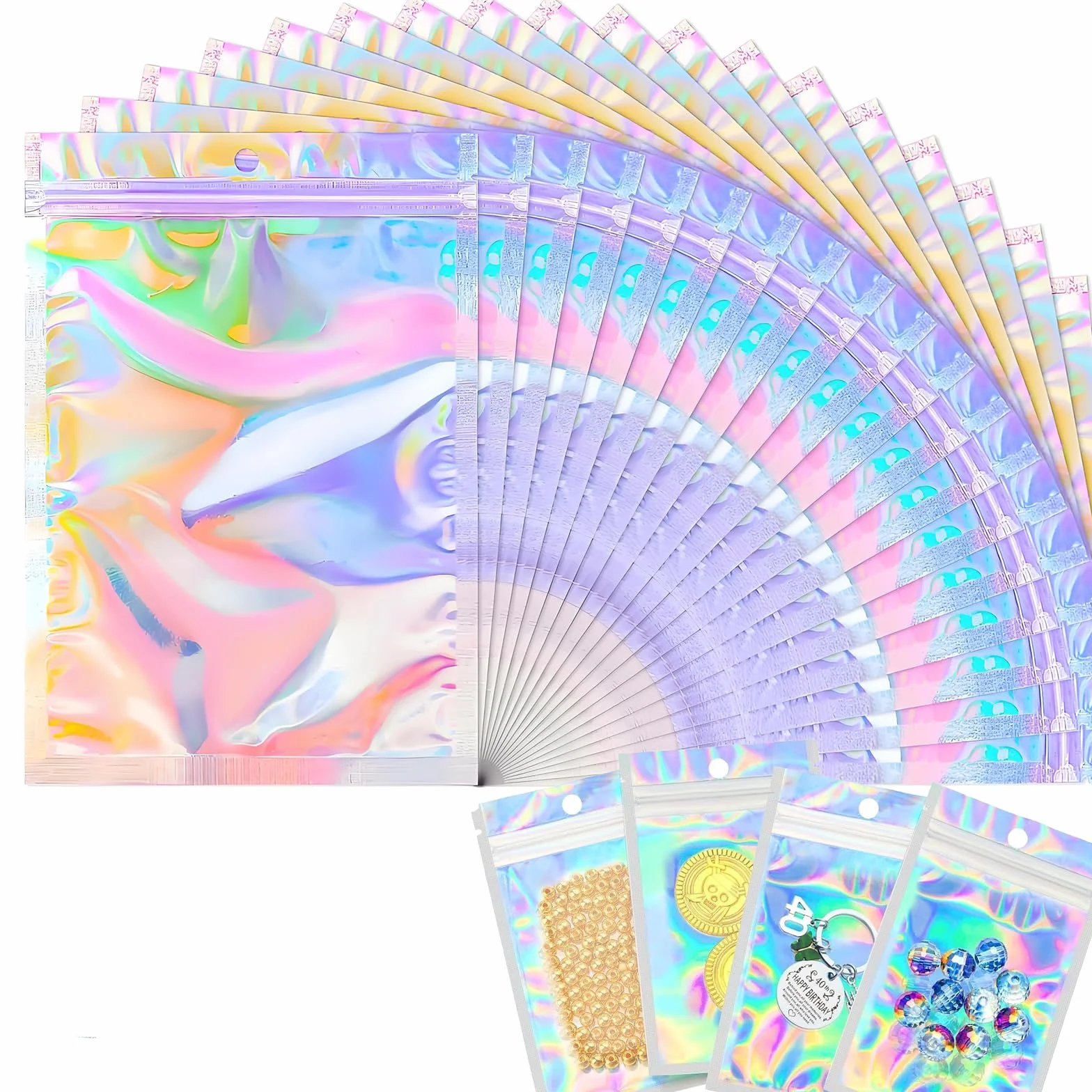 50 sztuk torebek Mylar, płaskie woreczki foliowe, zamykane torby, woreczki na zamek błyskawiczny, plastikowe torby holograficzne, zamykane do przechowywania ulubionych imprez