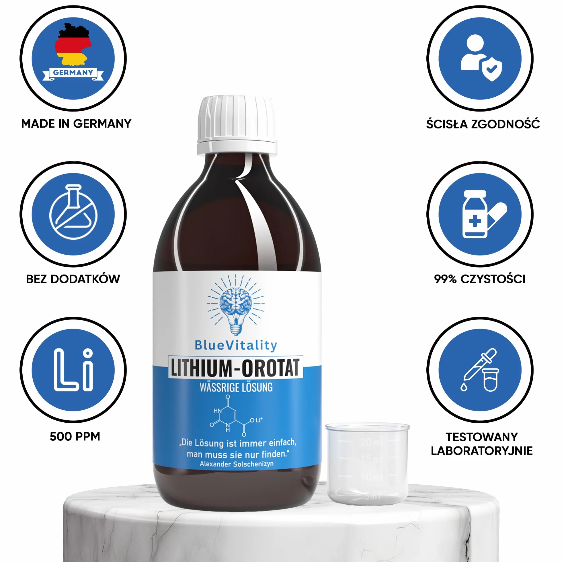 Roztwór Orotanu Litu 300 ml | Czystość 99% | 0,5 mg (500 ppm) litu elementarnego na ml | Made in Germany | Czystość potwierdzona laboratoryjnie