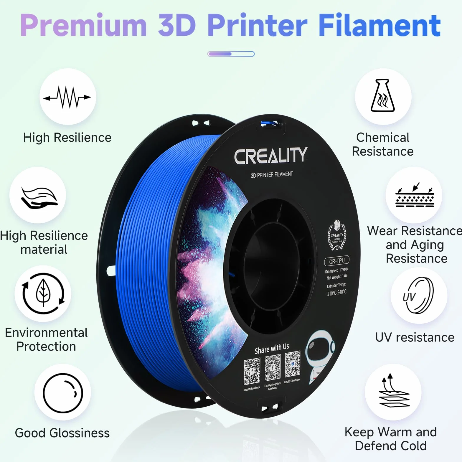 Creality Oficjalny filament TPU 1,75 mm, filament TPU czarny, twardszy i wytrzymalszy do drukarek 3D, mniej splątane, dokładność wymiarowa +/- 0,03 mm, 1 kg/rolka (2,2 funta), pasuje do większości