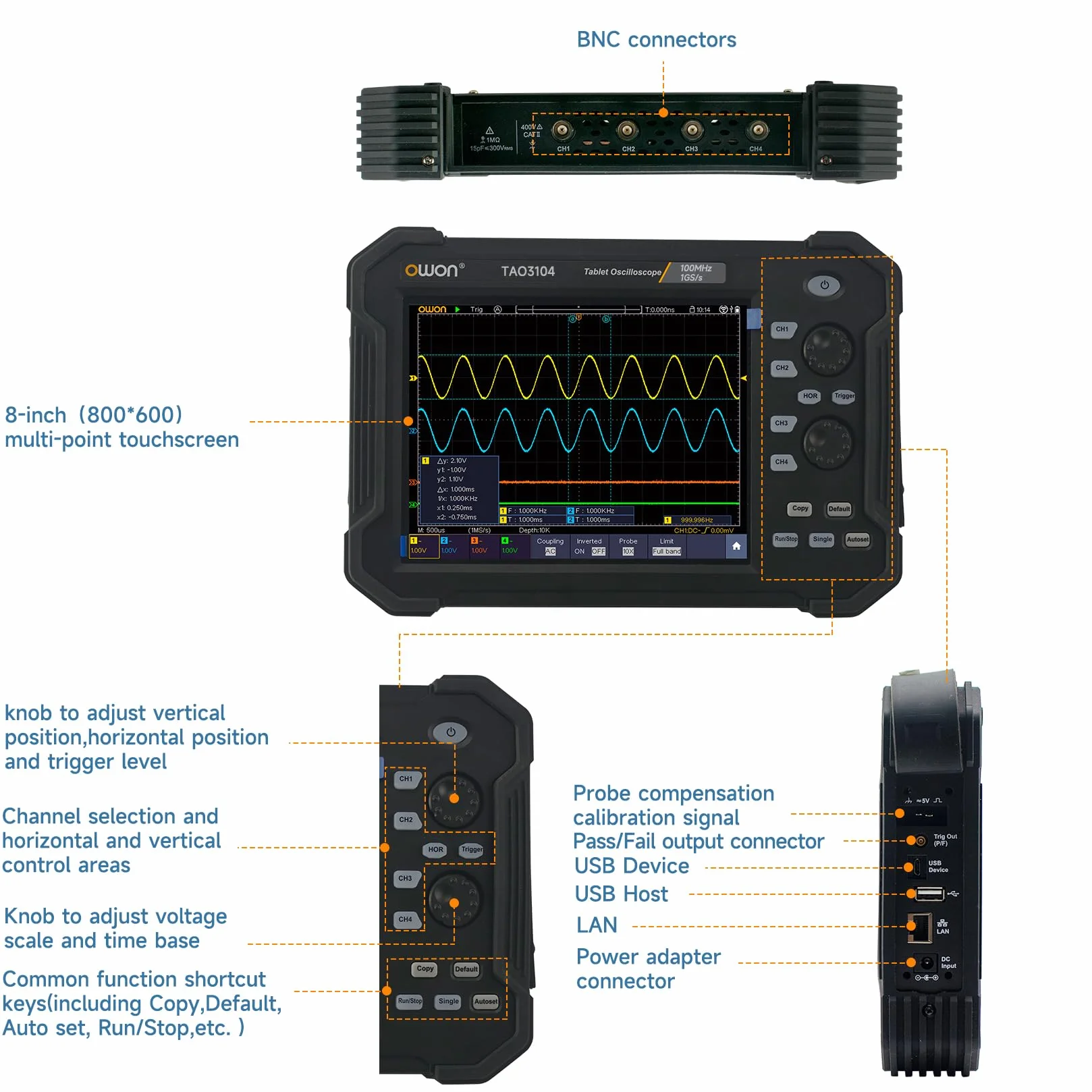 OWON TAO3104 4-kanałowy 8-calowy ręczny oscyloskop cyfrowy o szerokości pasma 100 MHz i częstotliwości próbkowania 1GS/s, 8-bitowy o wysokiej rozdzielczości