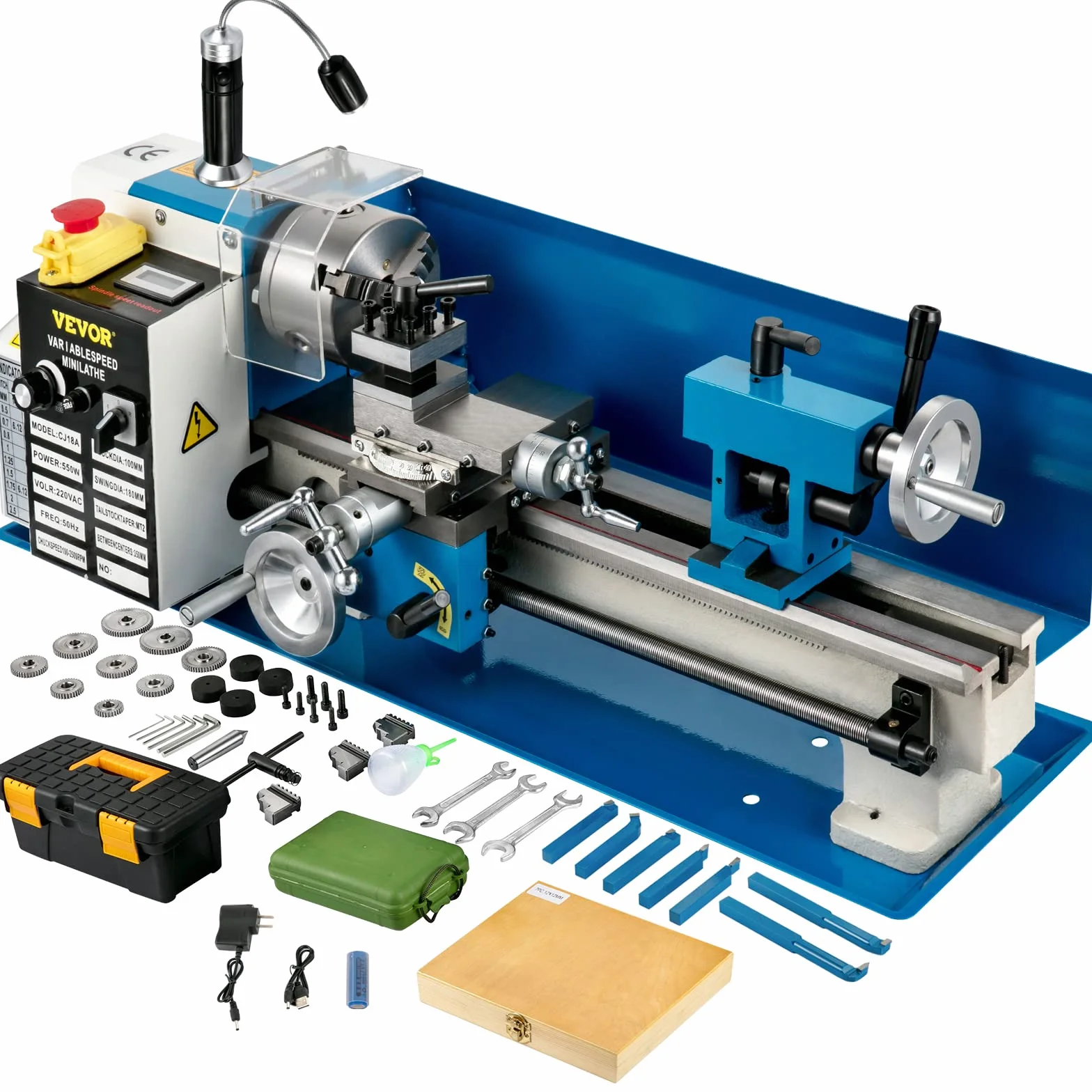 VEVOR Mini metalowa tokarka stołowa, moc 550 W, 220 V, jednofazowy prąd ciągły, prędkość 50-2500 obr./min, profesjonalna tokarka do drewna o zmiennej prędkości do toczenia, wiercenia i gwintowania