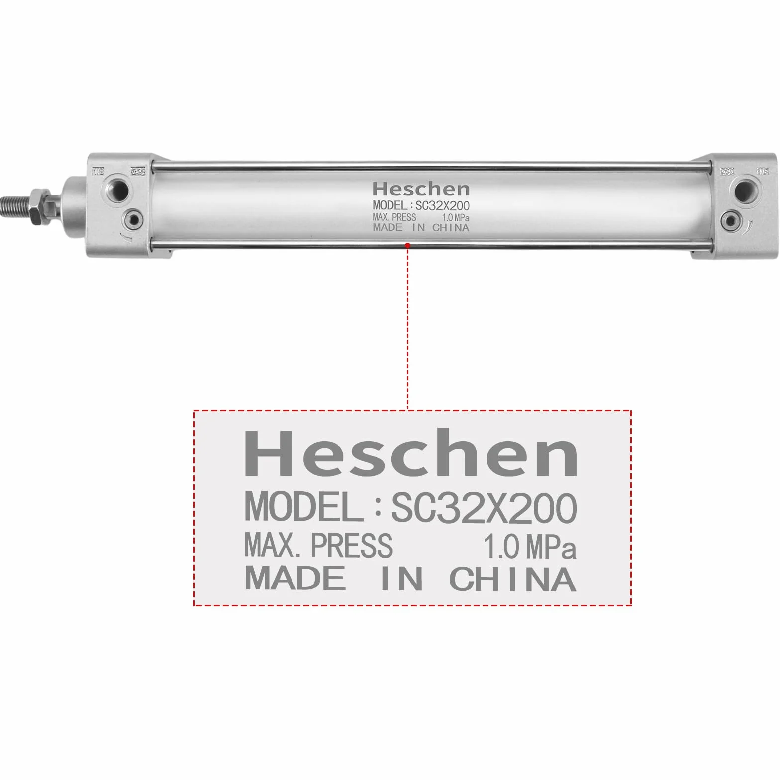 Heschen standardowy cylinder pneumatyczny SC 32-200 PT1/8, otwór 32 mm (1 1/4 cala), skok 200 mm (8 cali) z pojedynczym prętem podwójne działanie