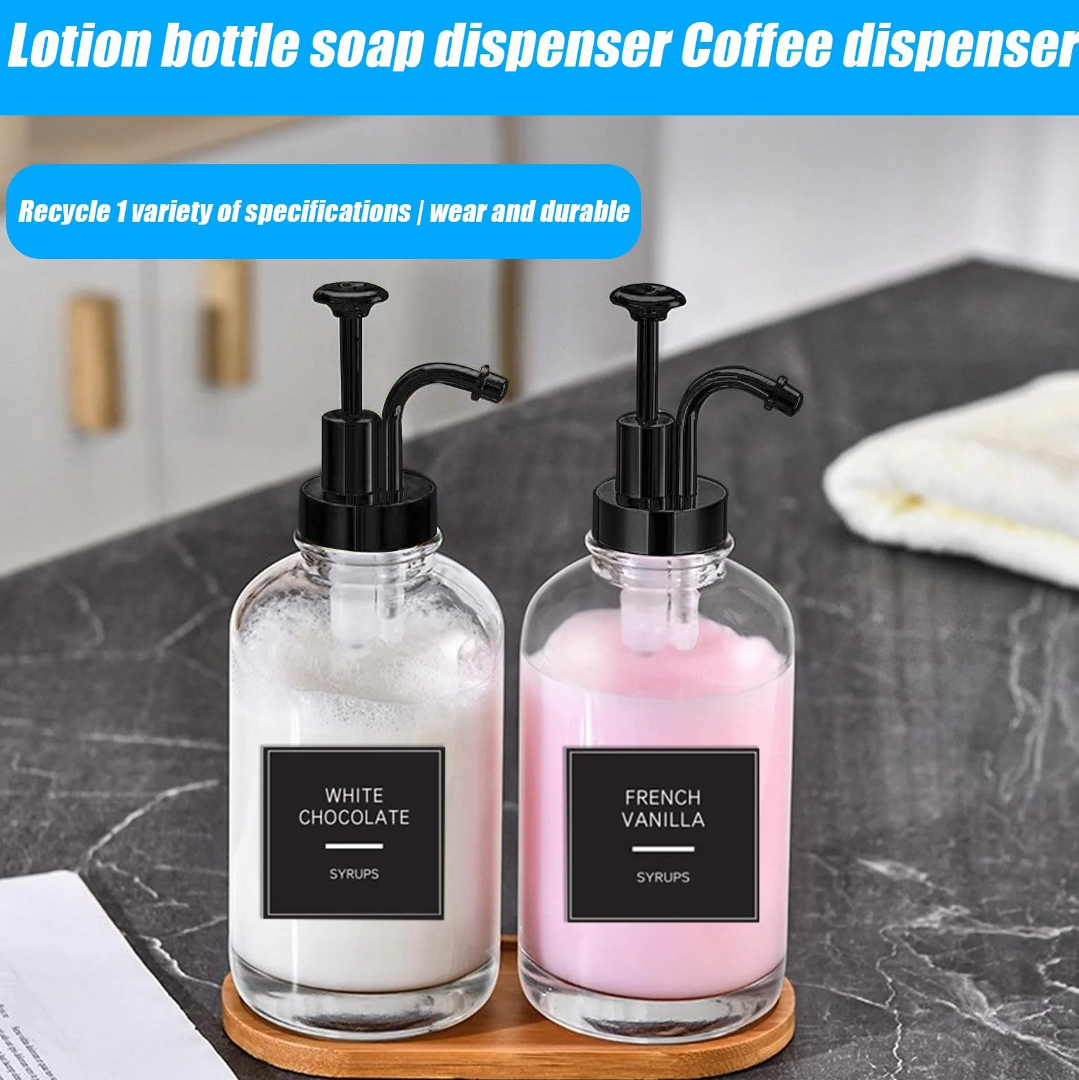 Dozownik syropu do kawy, zestaw 2 sztuk, syrop do kawy, akcesoria do baru, 500 ml, dozownik do kawy z 18 naklejkami, dozownik syropu kawowego do restauracji, kawiarni, baru, czarny