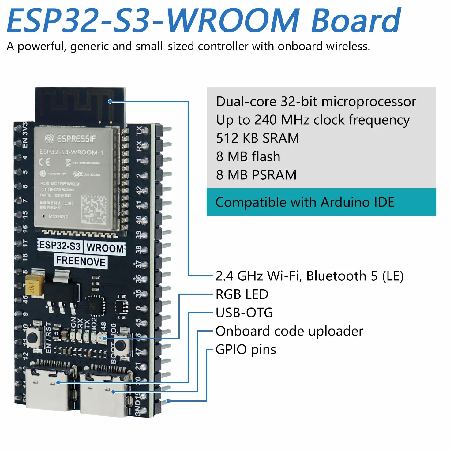Freenove ESP32-S3 ESP32 S3 Board Lite (2 Pack), Dual-core 32-bit 240 MHz Microcontroller, Onboard Wireless, Python C Code, Example Projects Tutorial