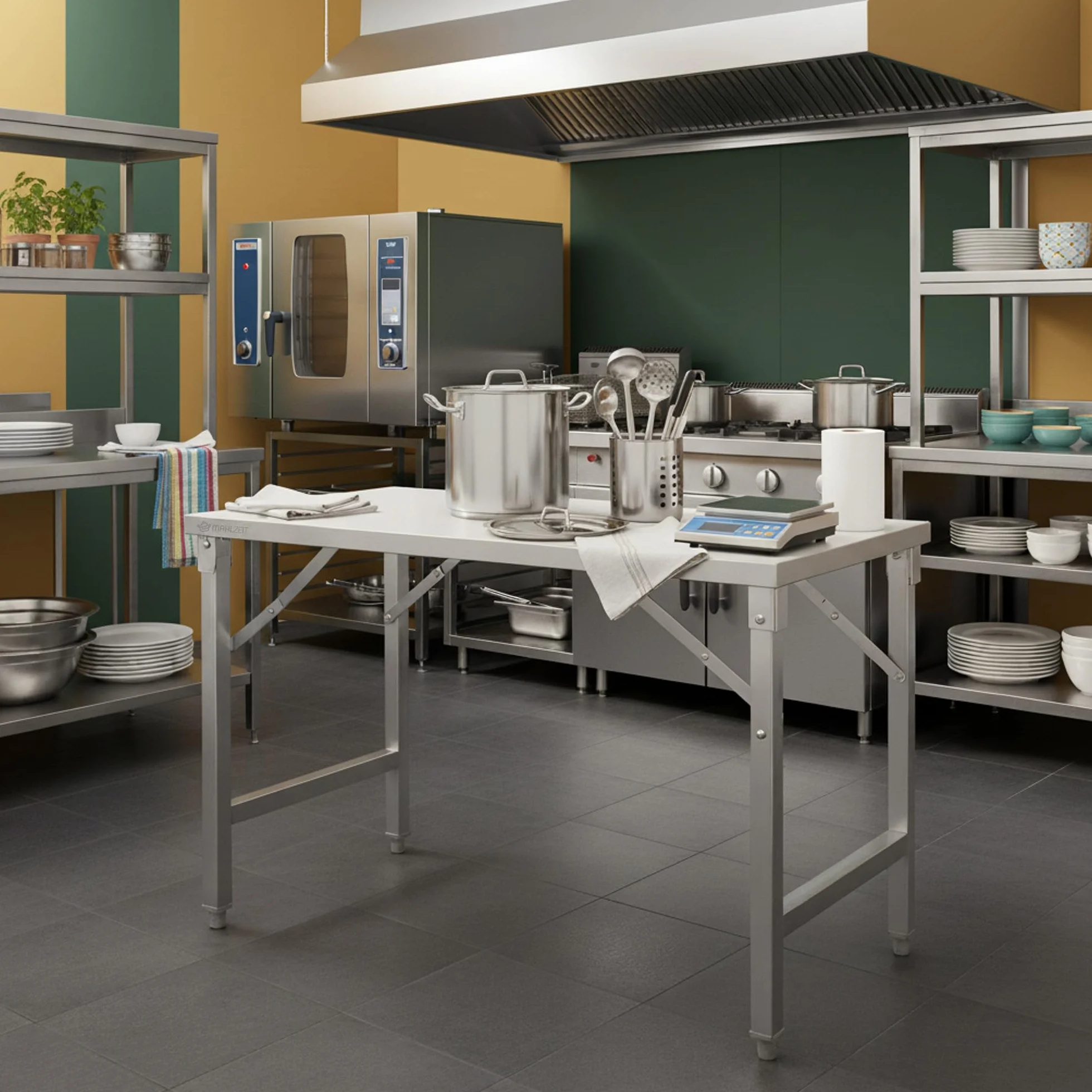 Mahlzeit stół roboczy ze stali nierdzewnej, 120 x 60 x 80 cm, stół roboczy, stół kuchenny, składany, srebrny