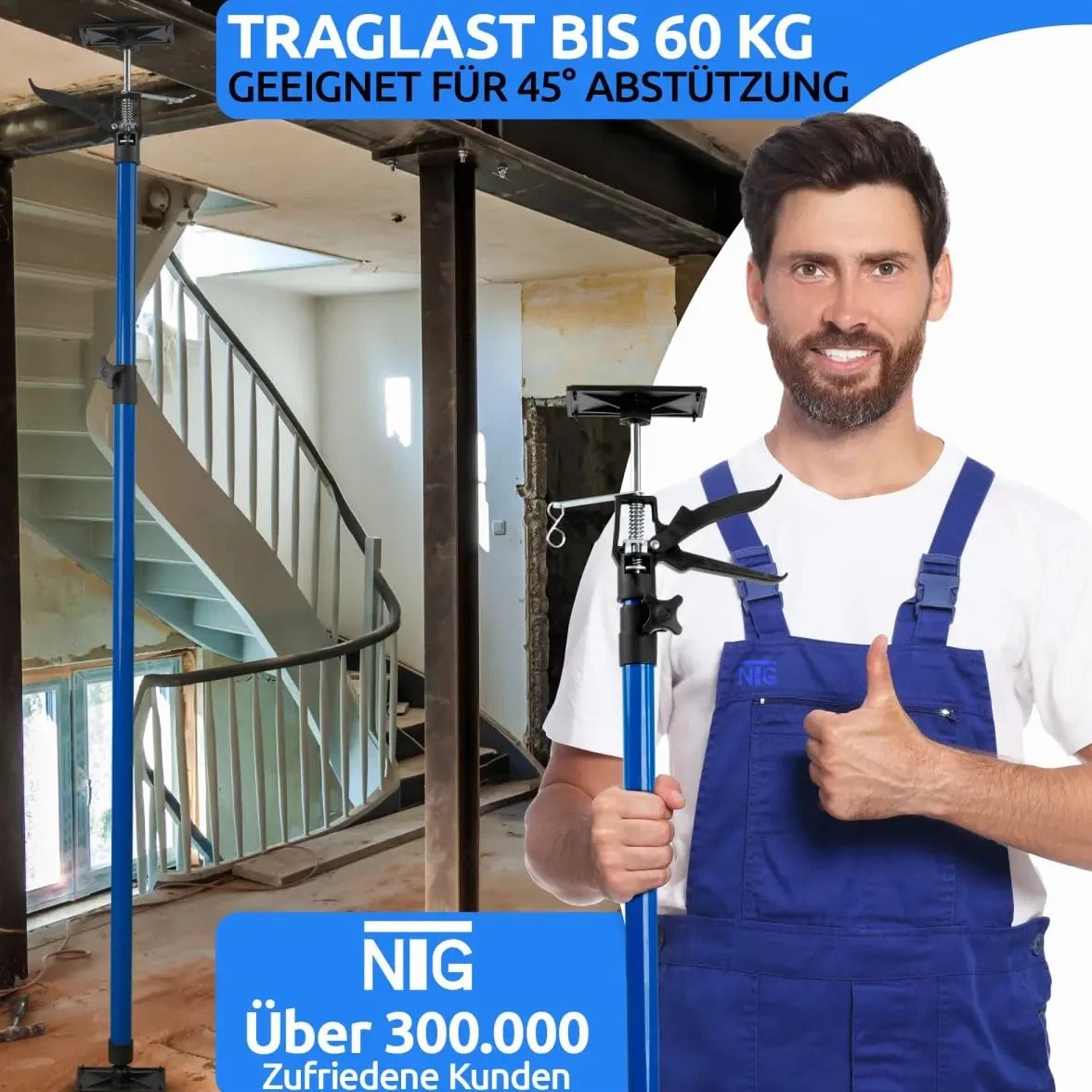 NTG podpora sufitowa jednoręczna | 115-290 cm | Do 30 kg | Kąt 45° | Do zastosowań w suchej budowie, modernizacji itp. | Podpora montażowa | Podpora sufitowa | Podpora teleskopowa | Podpora sufitowa