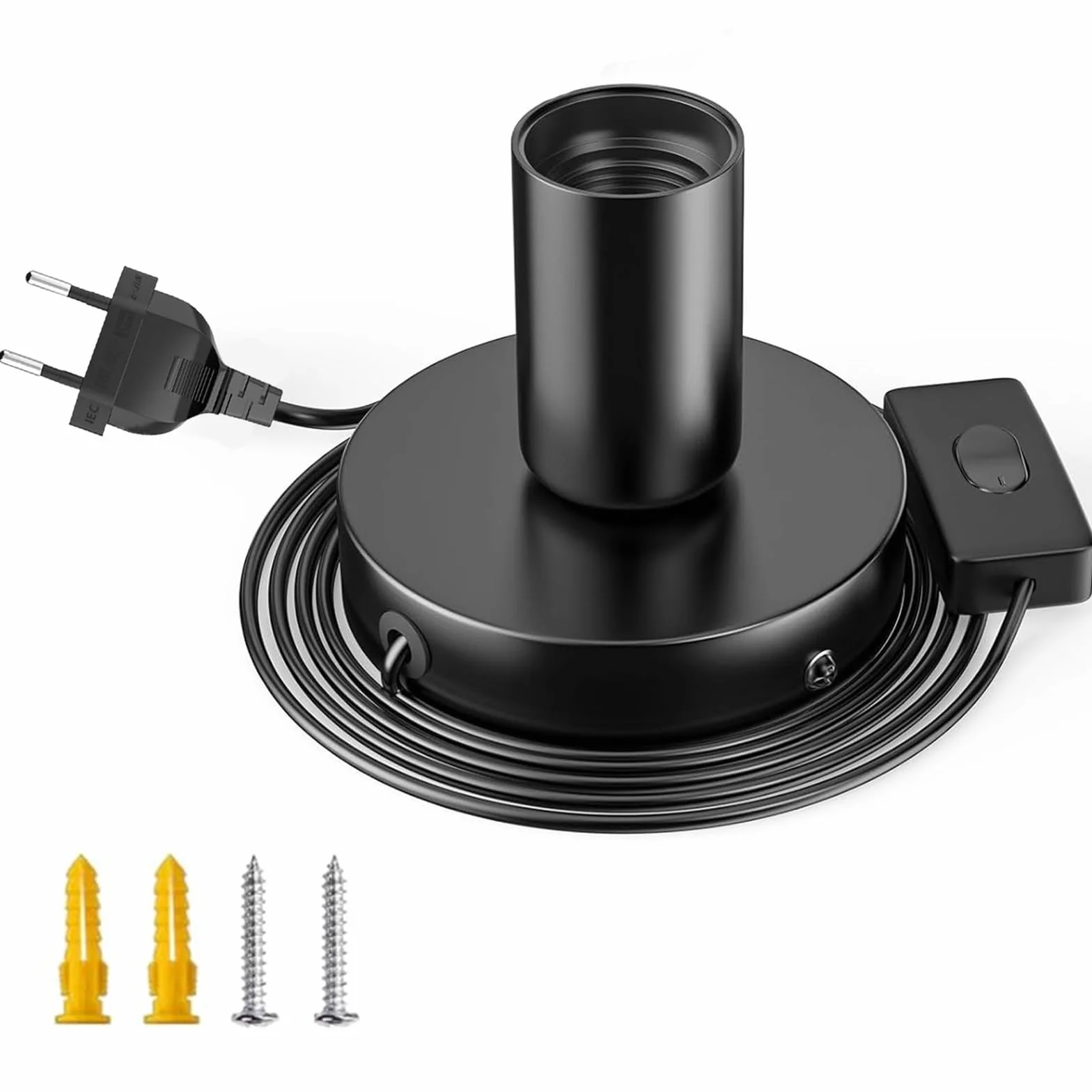 Powice Oprawa lampy E27 z przełącznikiem, oprawa E27, biała, z kablem sieciowym 3,5 m, pierścień śrubowy, przełącznik do projektów DIY, zawieszenie lampy wiszącej