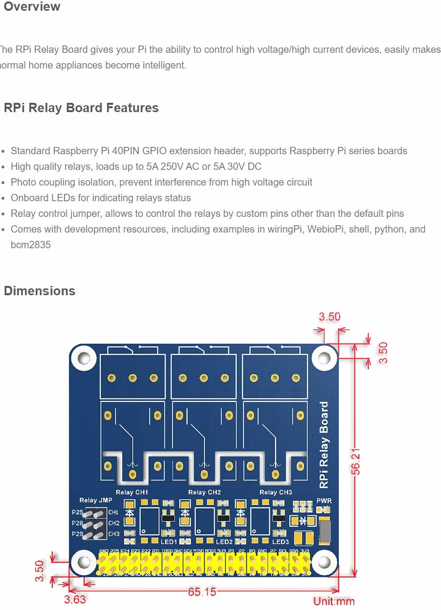 Waveshare RPi Relay Board 3-Way Relay Control Pi 40PIN GPIO Extension Header Compatible Raspberry Pi Series Boards