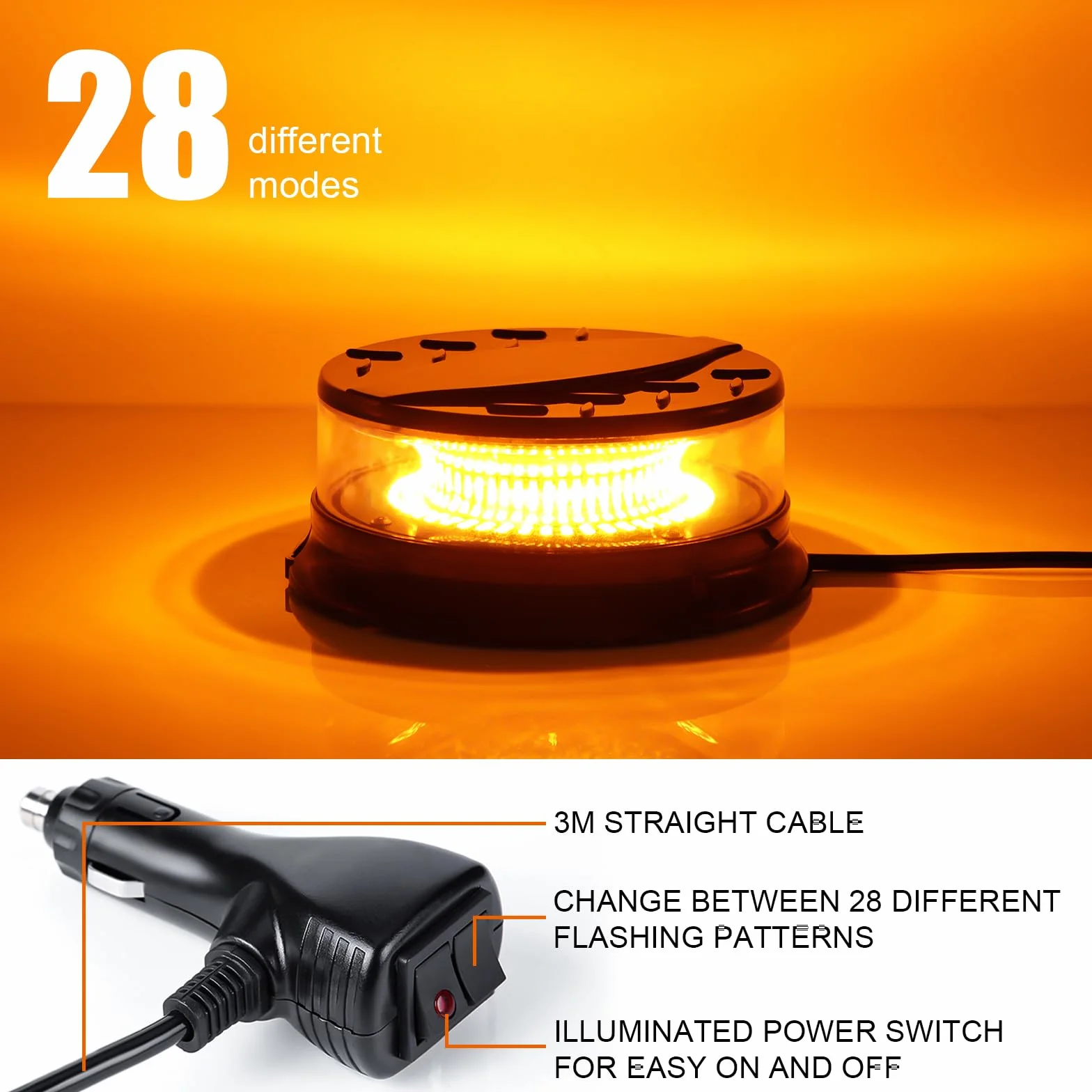 Dinfu Migające światło ostrzegawcze LED 12V-24V 23 tryby błysku z kablem magnetycznym 3m