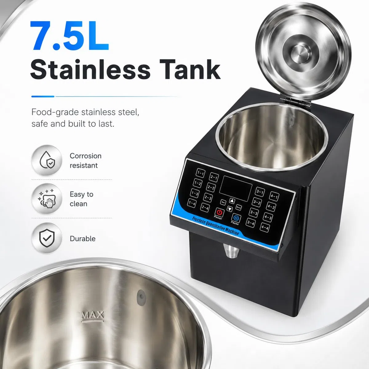 Automatyczny dozownik fruktozy 7,5 l, maszyna do dozowania syropu 450 W ze stali nierdzewnej, dozownik cukru z 16 pamięciami do herbaty bąbelkowej, kawy, baru i herbaciarni