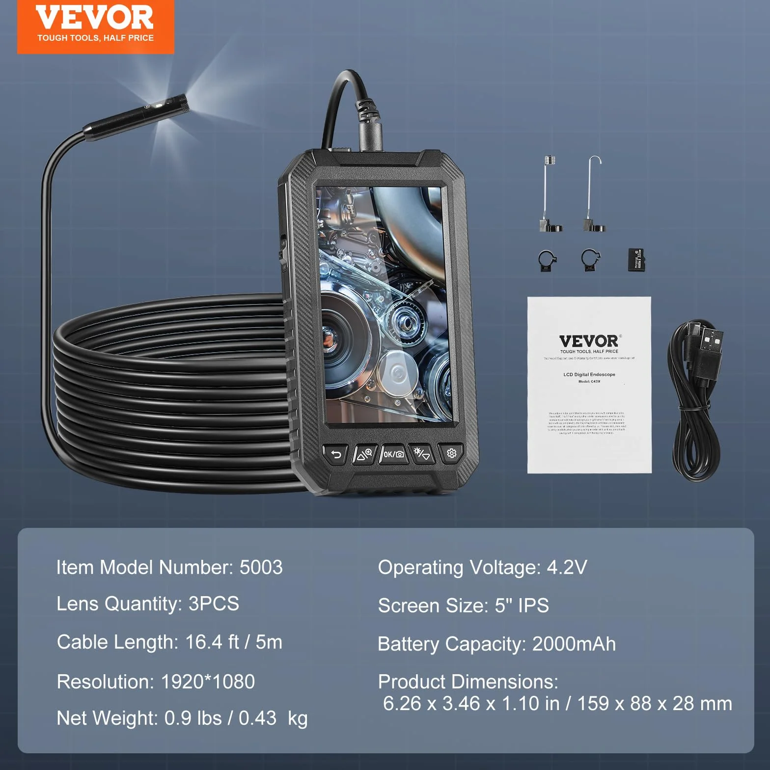 VEVOR Kamera endoskopowa, endoskop przemysłowy z potrójną soczewką, ekran 12,7 cm, kamera inspekcyjna 1080p, 8+2 światła, wodoszczelność IP67, idealna do samochodów, urządzeń sanitarnych (kabel 5 m,