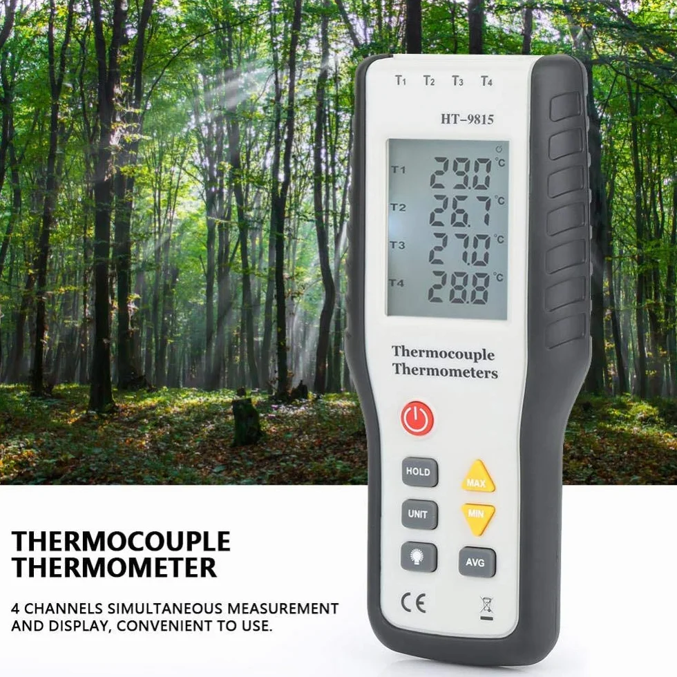 Akozon HT-9815 Cyfrowy termoparowy termometr 4 c Kanałowy czujnik typu K - 200 ° C ~ 1372 ° C