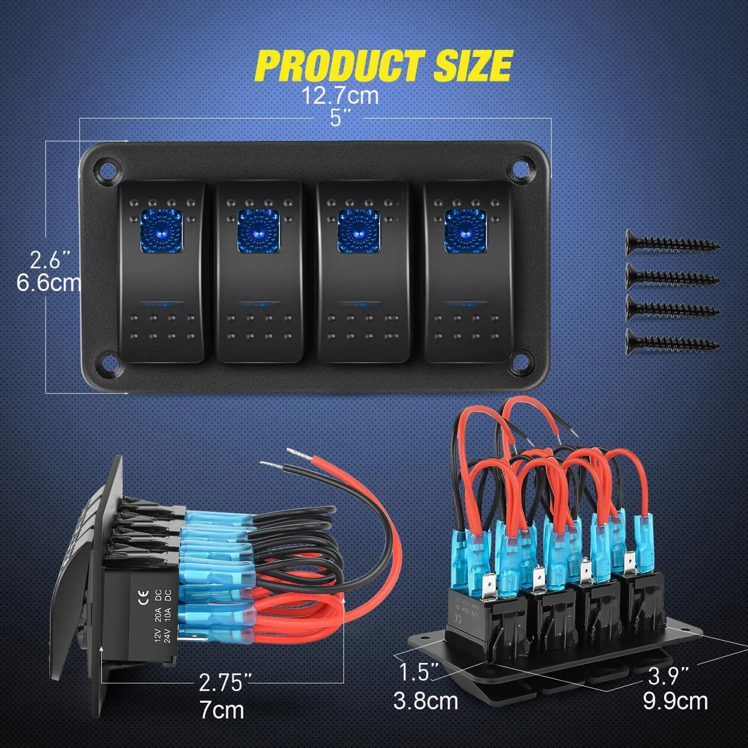 Gebildet 4-drożny panel przełączników kołyskowych, 12 V 24 V DC, niebieski przełącznik, panel aluminiowy, 5-biegunowy, ON/off, okablowany panel przełącznika dźwigienkowego, wodoszczelny