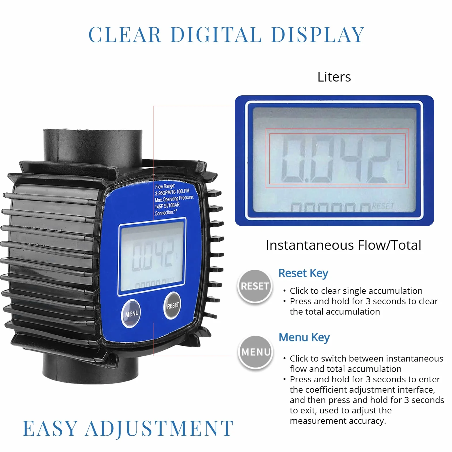 1″ przepływomierz wody, cyfrowy przepływomierz z wyświetlaczem LCD, przepływomierz do węża ogrodowego, do oleju napędowego, benzyny, cieczy chemicznej, wody, oleju
