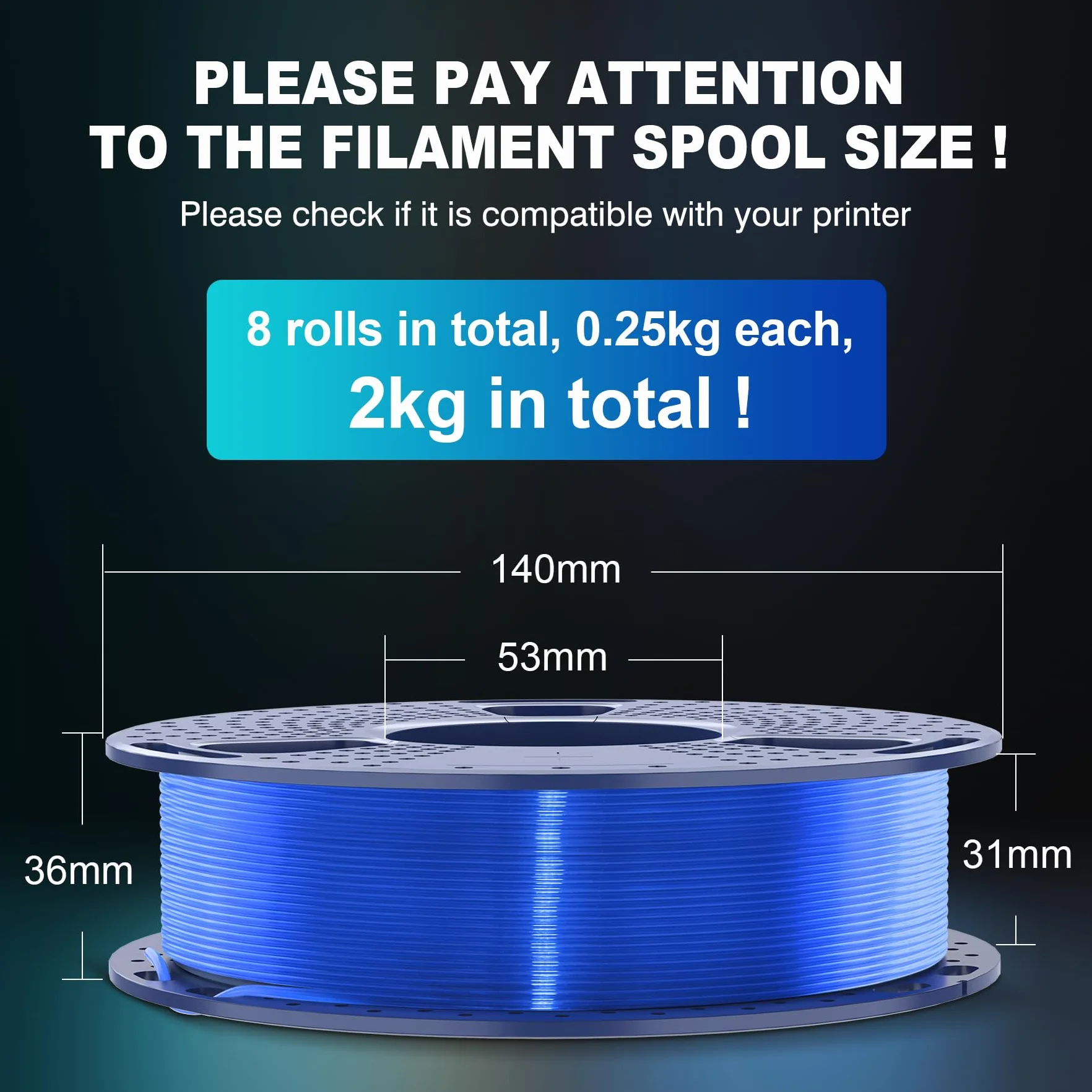 SUNLU Zestaw filamentów do drukarki 3D PLA, 1,75 mm, łącznie 2 kg, szpula 0,25 kg, 8 szpul po 250 g, czarny, przezroczysty, żółty, niebieski, zielony, fioletowy, czerwony, pomarańczowy