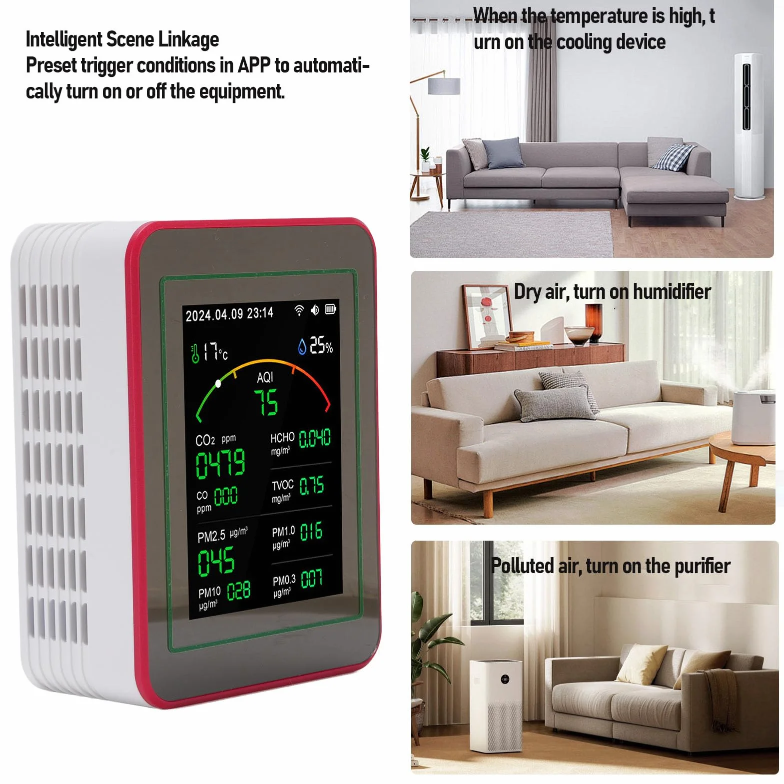 Monitor Jakości Powietrza Wi-Fi 15W, Przenośny Detektor CO2 TVOC HCHO PM2.5, Wilgotność Temperatura, Wyświetlacz LCD 2,8 cala (czarny + czerwony)