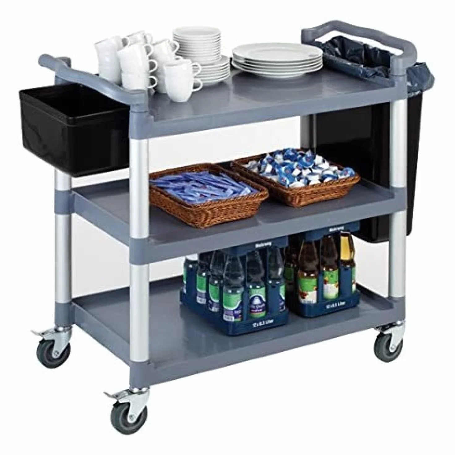 APS Wózek do serwowania/transportu aluminiowa rama, 3 półki, odstęp na półkę 31 cm, 4 kółka skrętne z blokadą, nośność 80 kg na półkę, łącznie 240 kg, zdemontowany, łatwy montaż, bez pojemnika