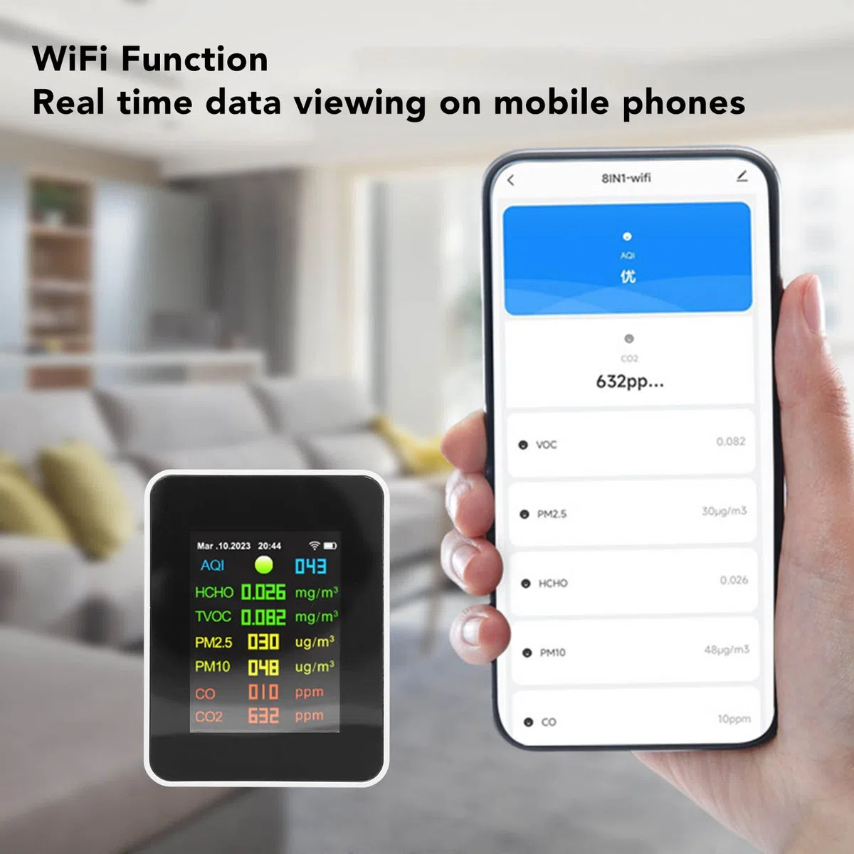Miernik Jakości Powietrza 7 w 1, WiFi, Czujnik CO2, PM2.5, PM10, HCHO, Monitoring Powietrza w Pomieszczeniach, do Sypialni i Biura