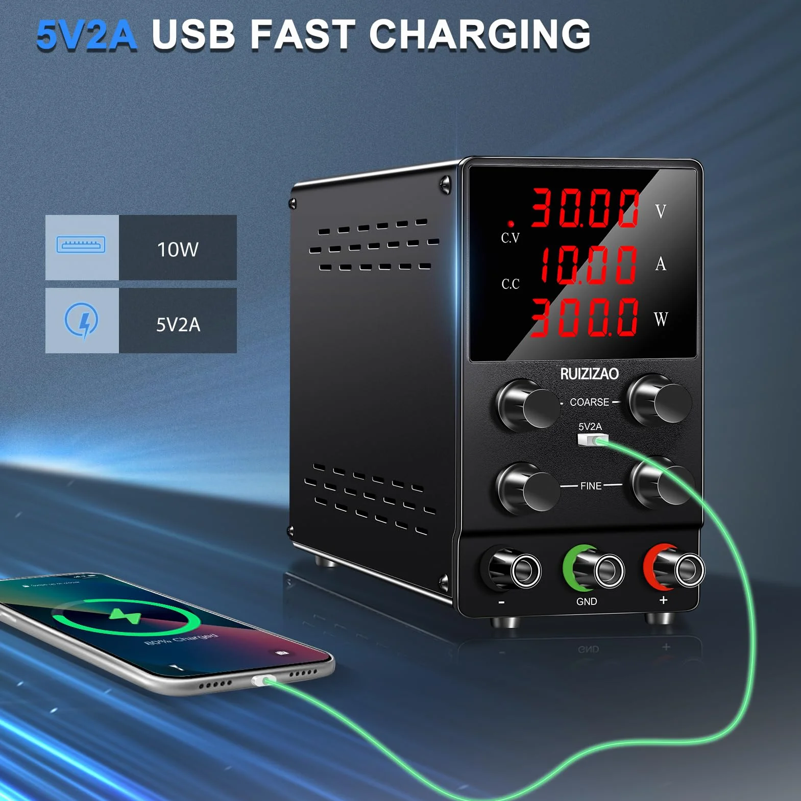 Zasilacz laboratoryjny 30 V 10A DC Regulowany zasilacz 4-cyfrowy wyświetlacz LED z portem USB 5V/2A Regulowany zasilacz stabilizowany
