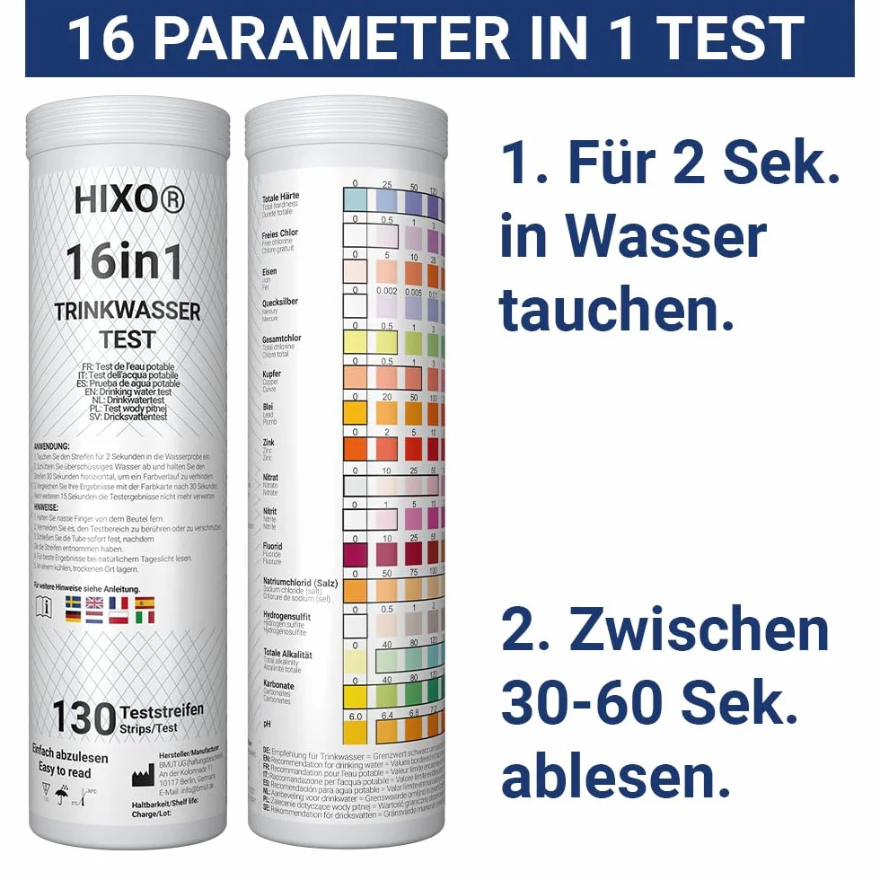 130 x 16 w 1 paski testowe do wody pitnej w tubce, analiza wody dla 16 parametrów, idealne paski testowe do wody pitnej, basenu, spa i akwarium, testuje twardość wody, ołów, miedź, żelazo i wiele