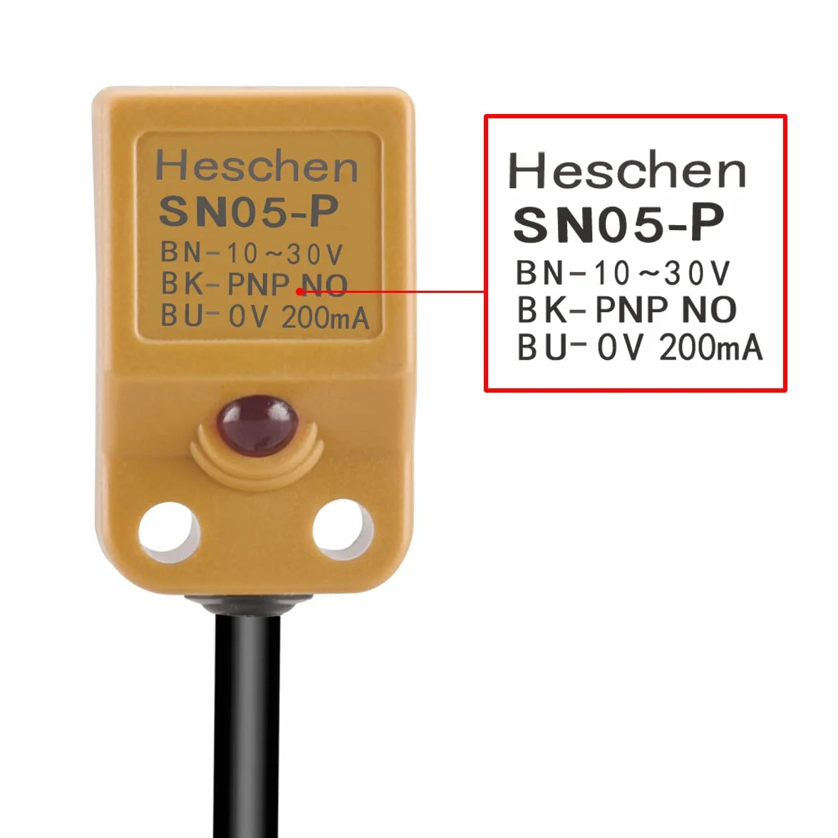 Heschen Kwadratowy czujnik zbliżeniowy indukcyjny przełącznik typu non-Shield SN05-P Odległość detektora 5 mm 10-30 VDC 200 mA PNP normalnie otwarty (NO) 3 przewód