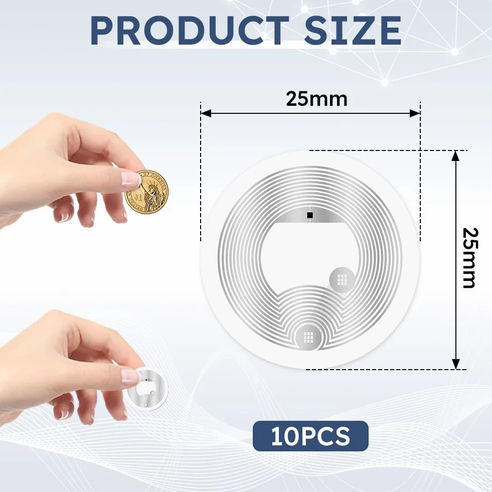 AXFEE 10 szt. znaczników NFC NTAG216, białe okrągłe naklejki NFC, średnica 25 mm, programowalne znaczniki NFC, pamięć RFID 888 bajtów, kompatybilna ze wszystkimi telefonami i urządzeniami