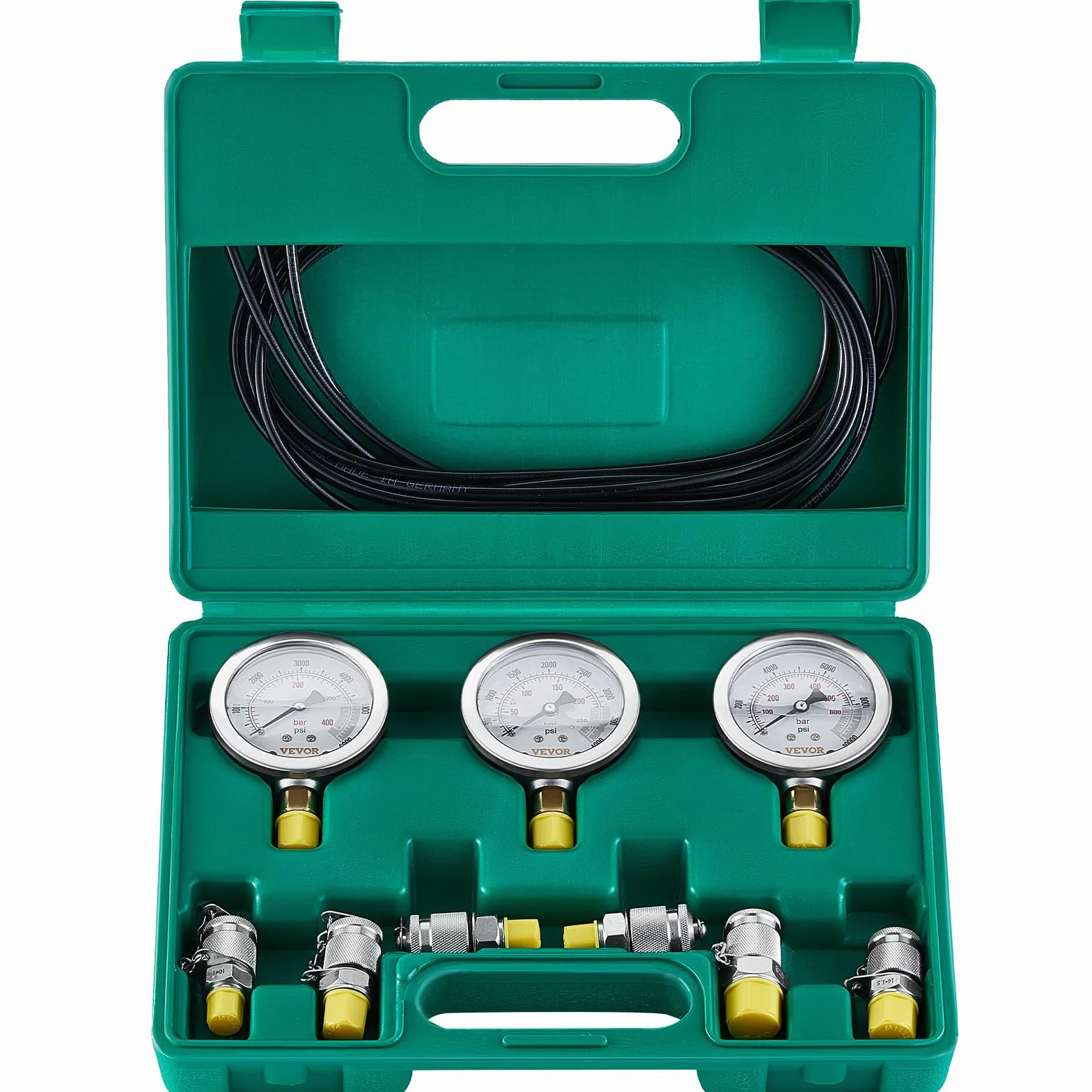 VEVOR Zestaw do testowania ciśnienia hydraulicznego 250/400/600 bar 3 manometry 6 stawów przenośna obudowa
