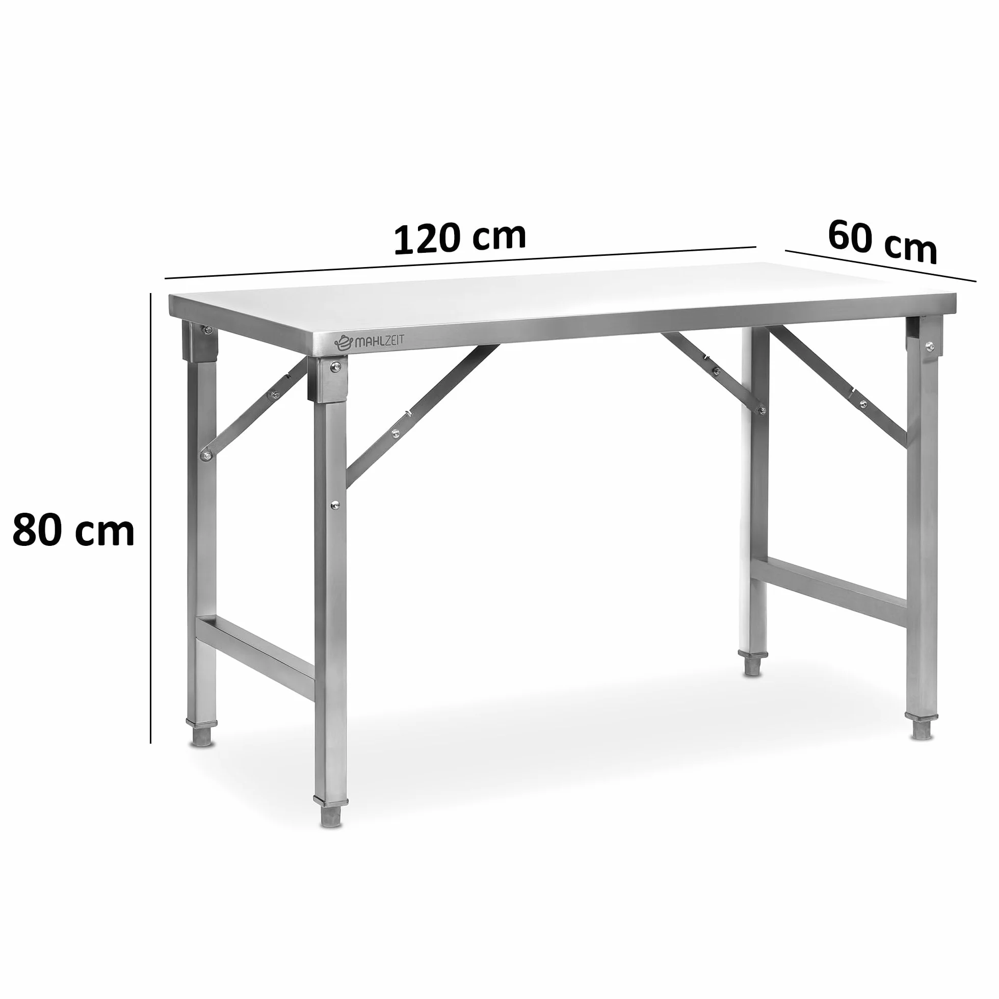Mahlzeit stół roboczy ze stali nierdzewnej, 120 x 60 x 80 cm, stół roboczy, stół kuchenny, składany, srebrny