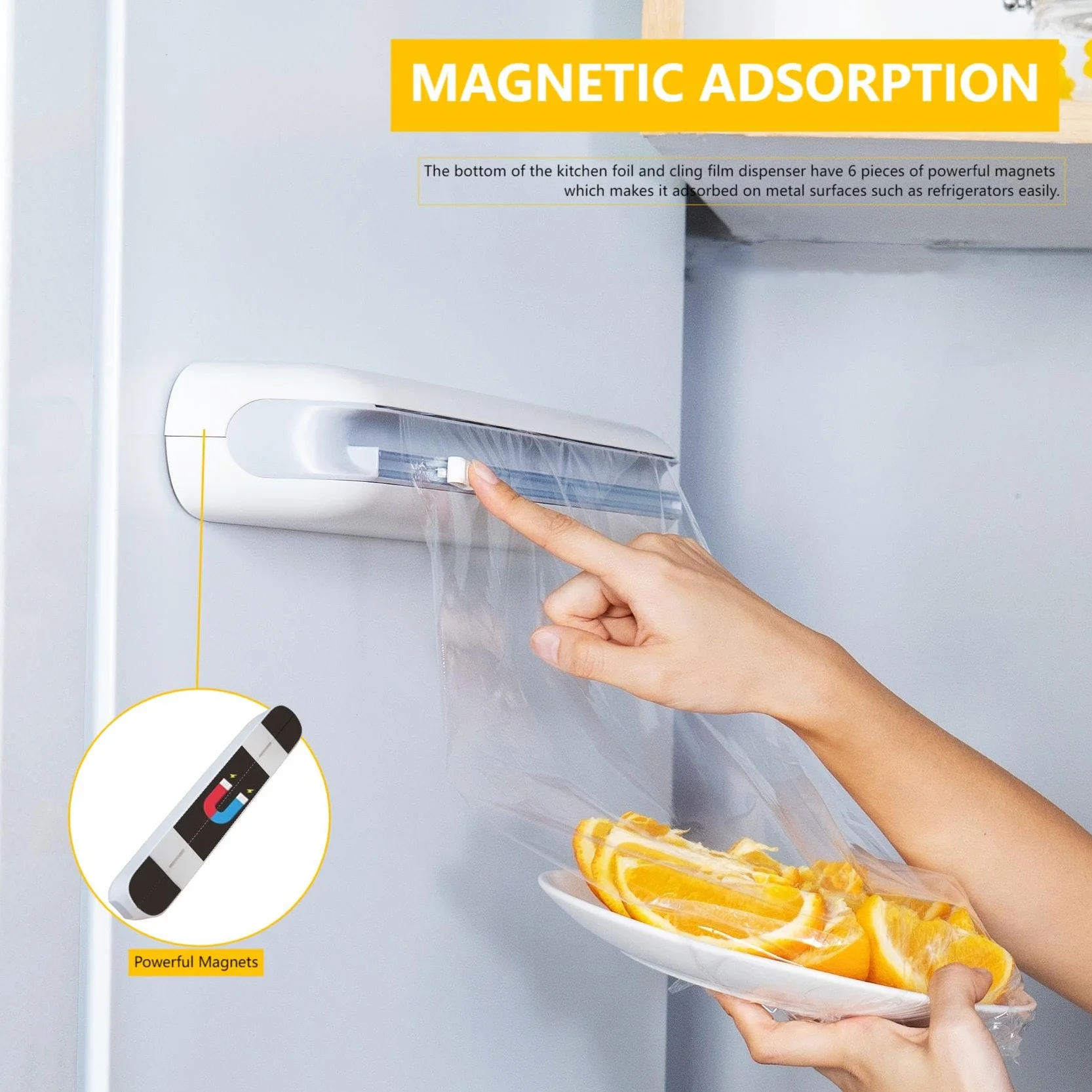 Magnetyczny dozownik folii spożywczej - dozownik folii aluminiowej i folii z ostrymi ostrzami, ulepszony nóż ścienny, dozownik folii spożywczej do szuflad kuchennych, biały