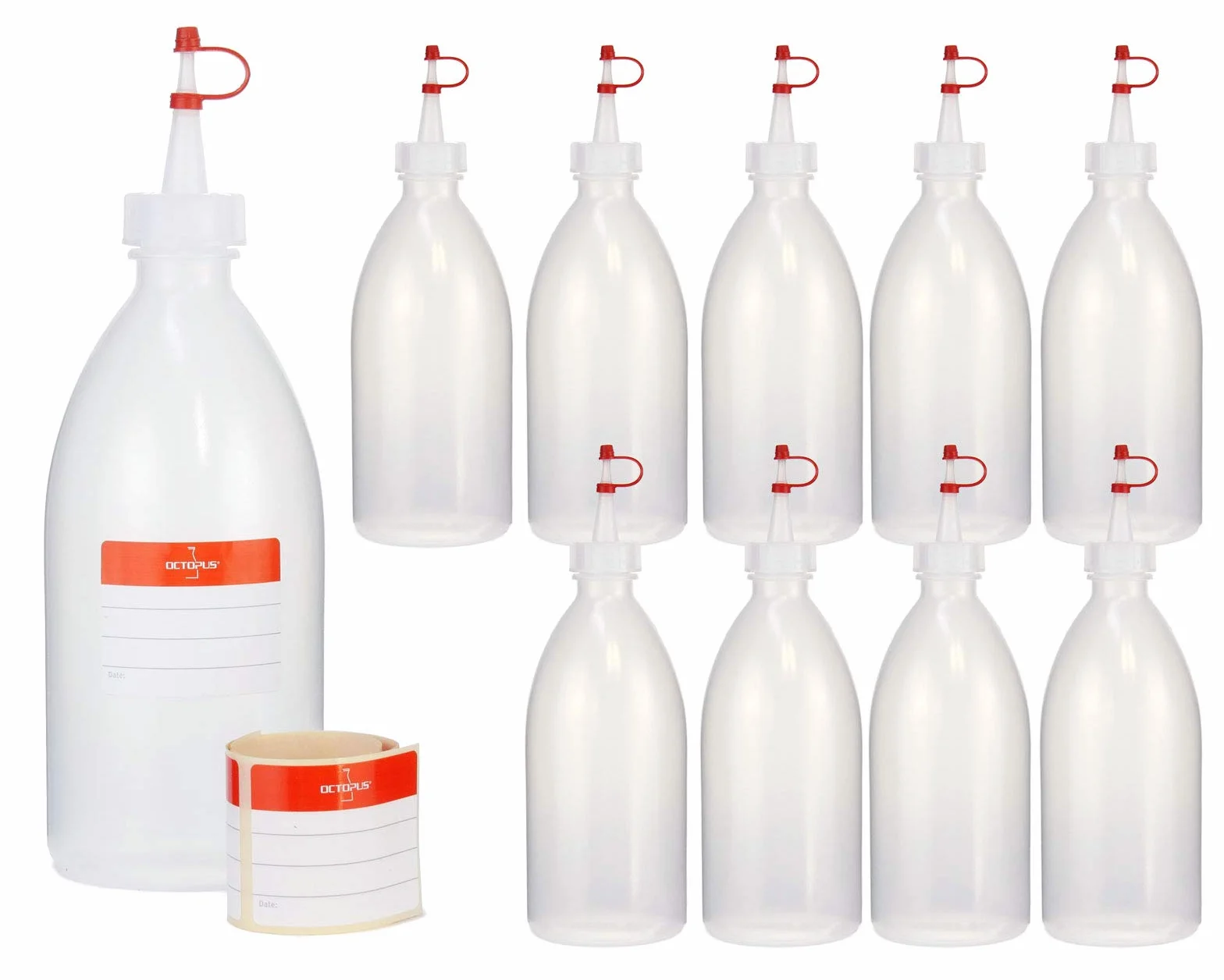 Octopus 10 x LDPE Natural G25 plastikowe butelki z tworzywa sztucznego 500 ml korek do kapania czerwony pasek mocujący i korek