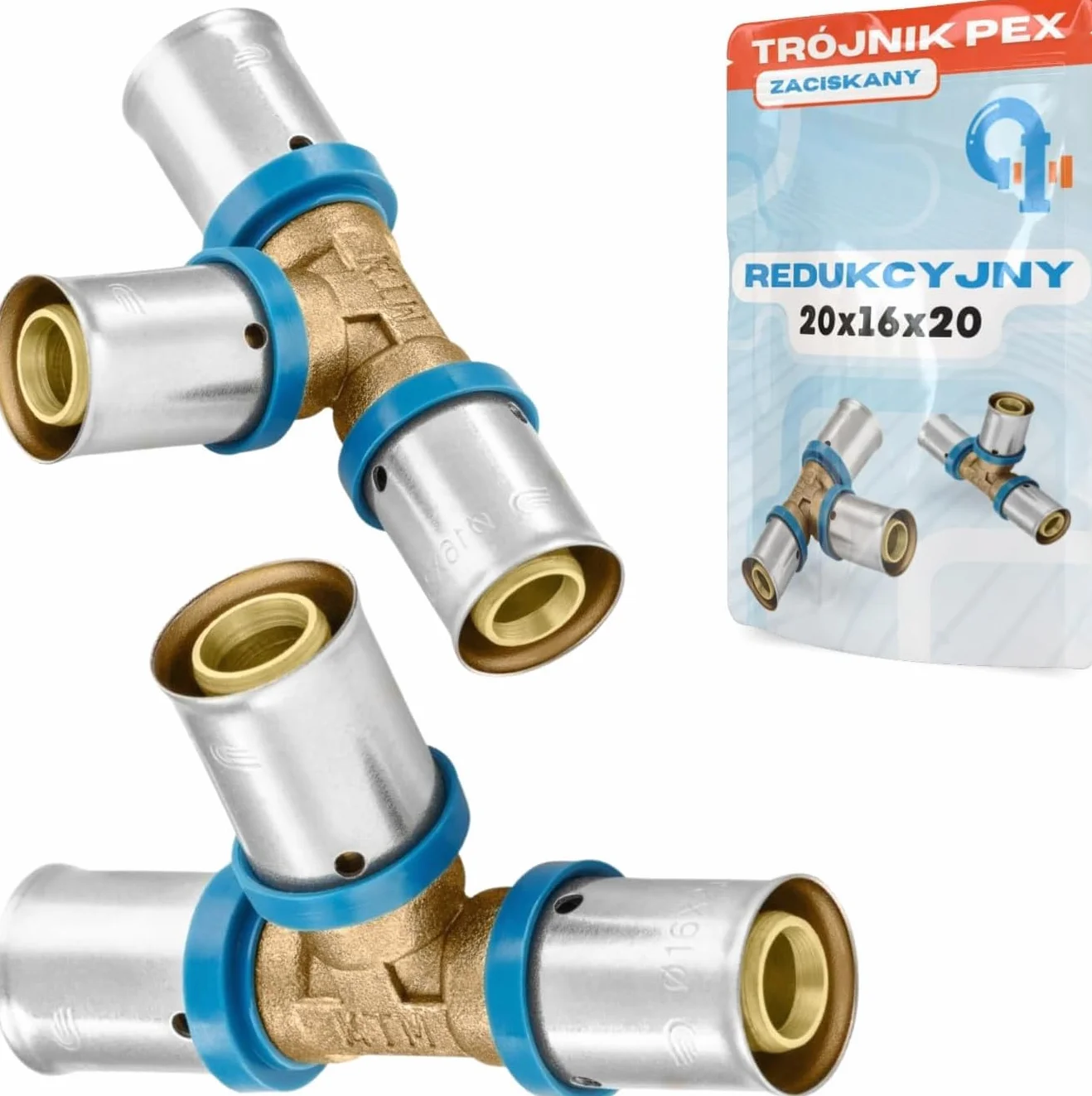 Rimex Złączka zaciskowa PEX trójnik, 20 x 16 x 20 mm, reduktor złączki ciśnieniowej, wody pitnej i ogrzewania, kontur U, mosiądz, tuleja ze stali nierdzewnej, sprawdzona przez DVGW