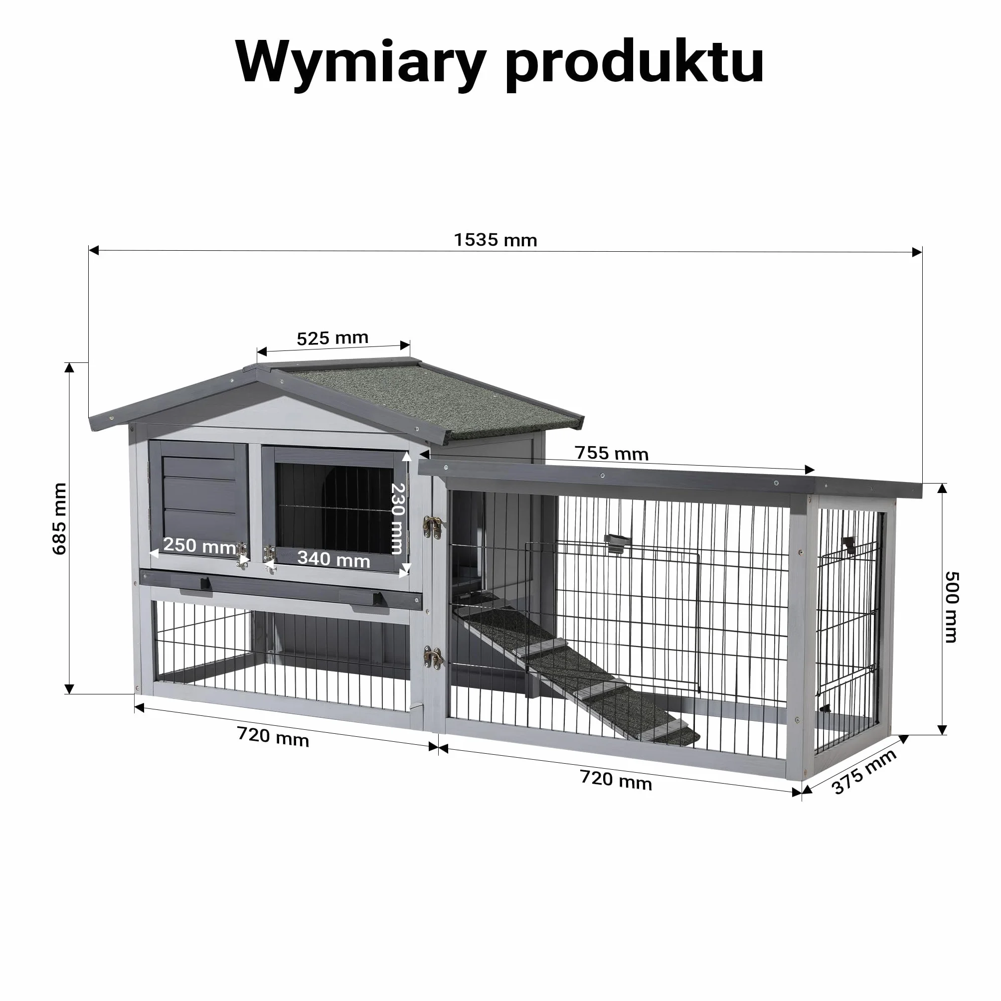 Kurnik Wiltec 1535 x 525 x 685 mm jasnoszary z wolnym wybiegiem i grzędą drewniany ocynkowany
