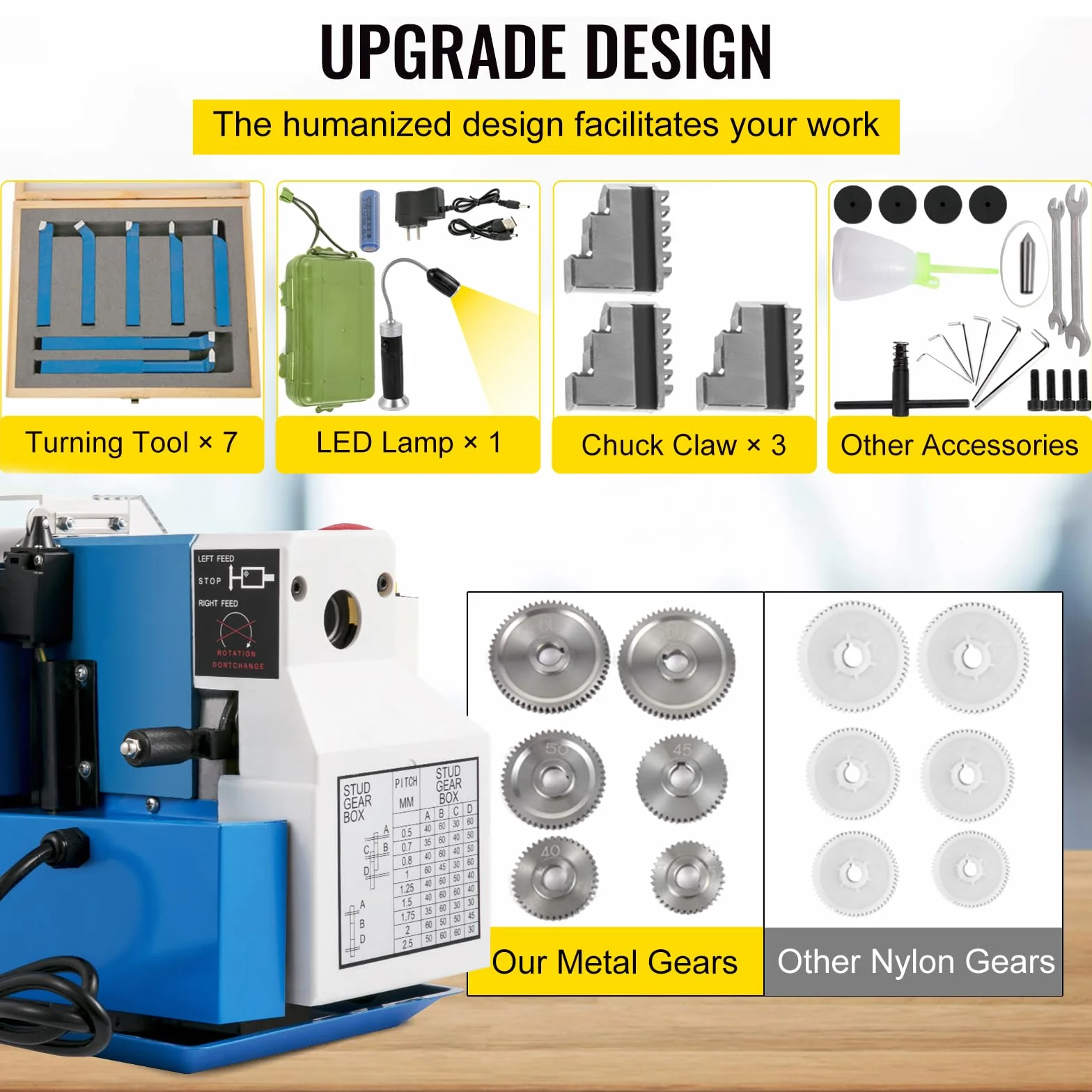 VEVOR Mini metalowa tokarka stołowa, moc 550 W, 220 V, jednofazowy prąd ciągły, prędkość 50-2500 obr./min, profesjonalna tokarka do drewna o zmiennej prędkości do toczenia, wiercenia i gwintowania