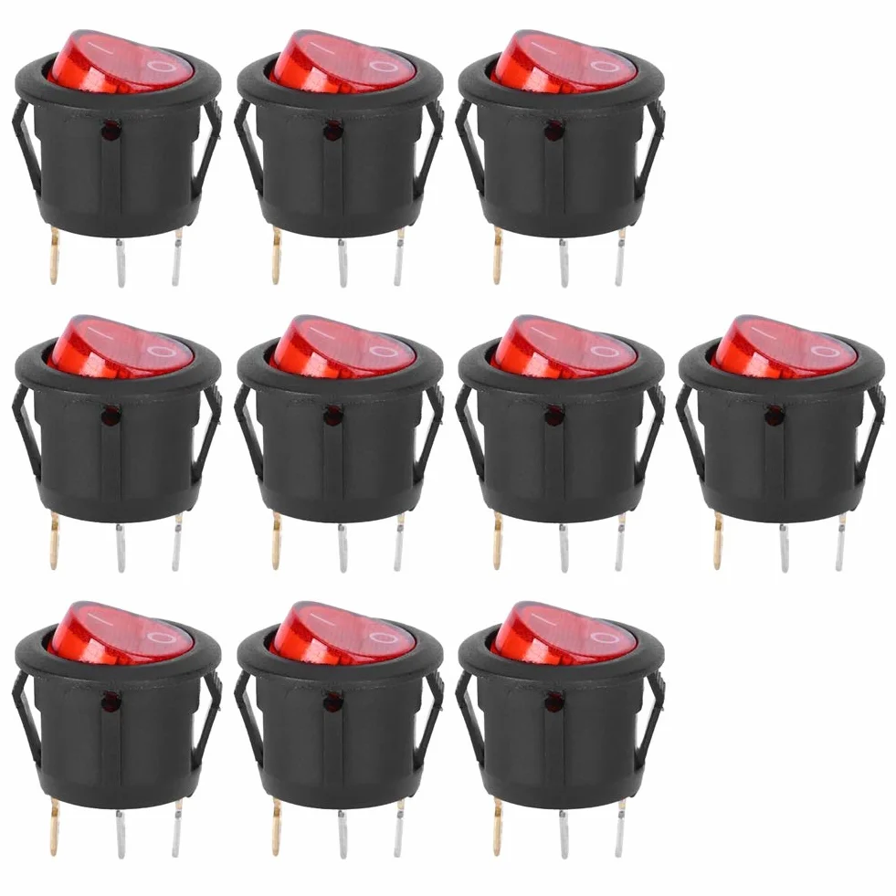 10 Sztuk AC 6A/250V 10A/125V Przełącznik Kołyskowy, Przełącznik NilightRocker 3Pin Okrągły Snap Rocker Przełącznik łodzi Czerwone światło Używane do Przełączników Sprzęt Agd