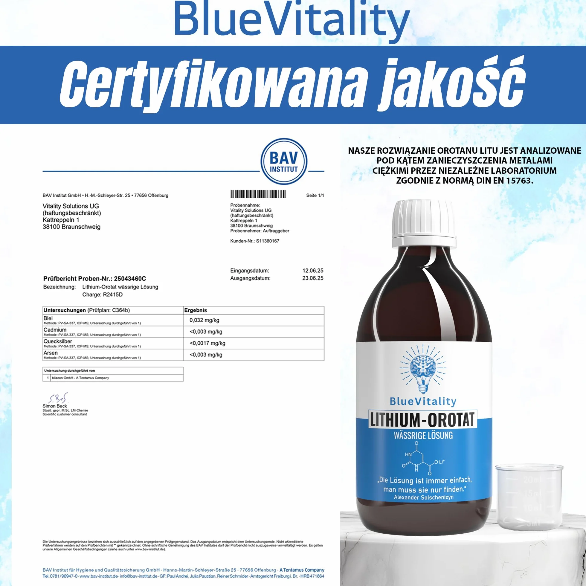 Roztwór Orotanu Litu 300 ml | Czystość 99% | 0,5 mg (500 ppm) litu elementarnego na ml | Made in Germany | Czystość potwierdzona laboratoryjnie