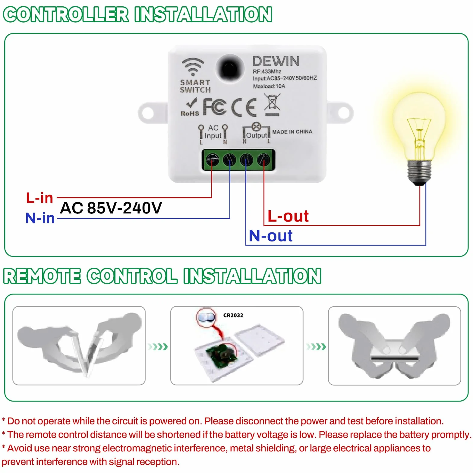 DEWIN Przełącznik radiowy, Smart Switch, zestaw z pilotem zdalnego sterowania 433 MHz, bezprzewodowy kontroler AC 85-240 V, 10 A, mini moduł przekaźnika