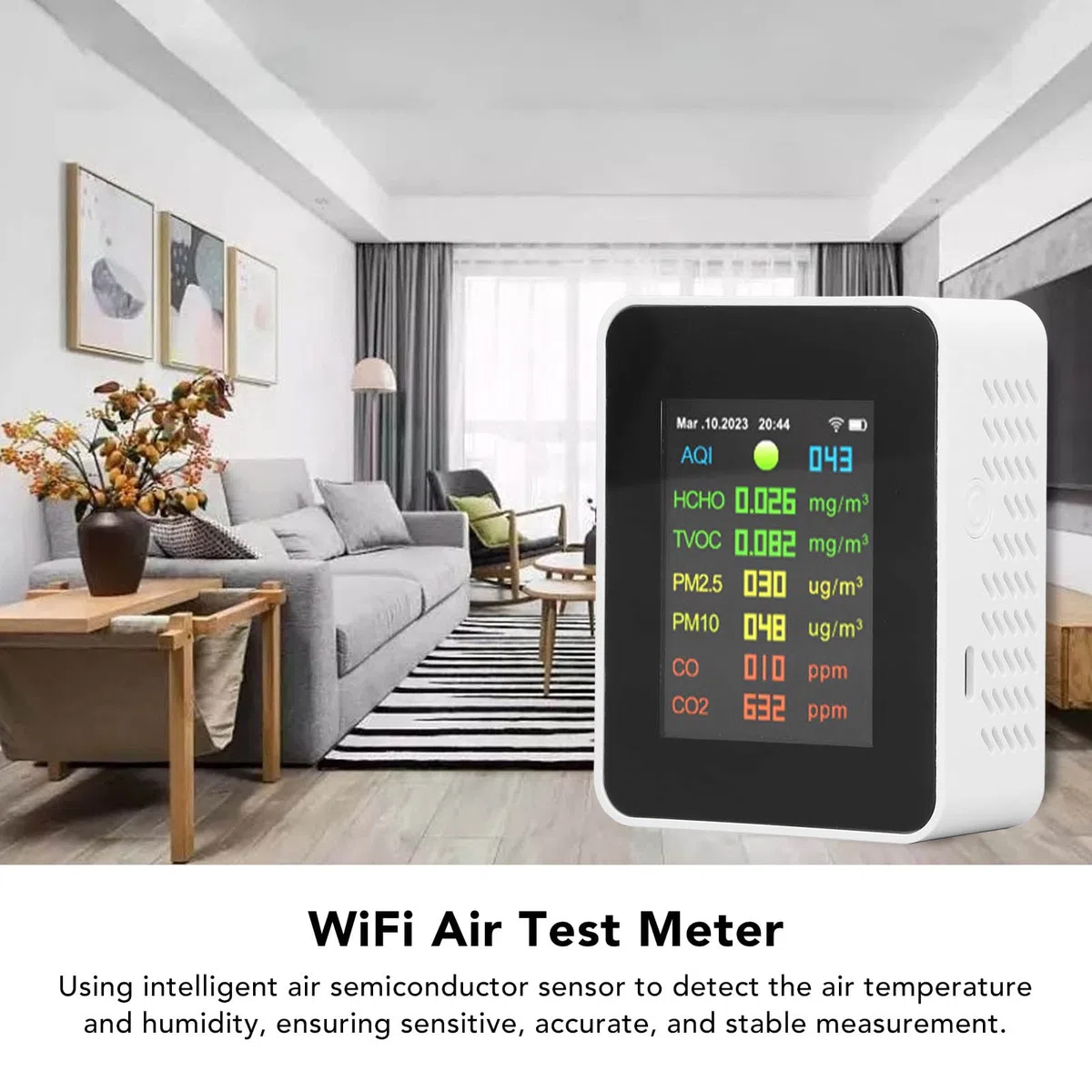 Miernik Jakości Powietrza 7 w 1, WiFi, Czujnik CO2, PM2.5, PM10, HCHO, Monitoring Powietrza w Pomieszczeniach, do Sypialni i Biura